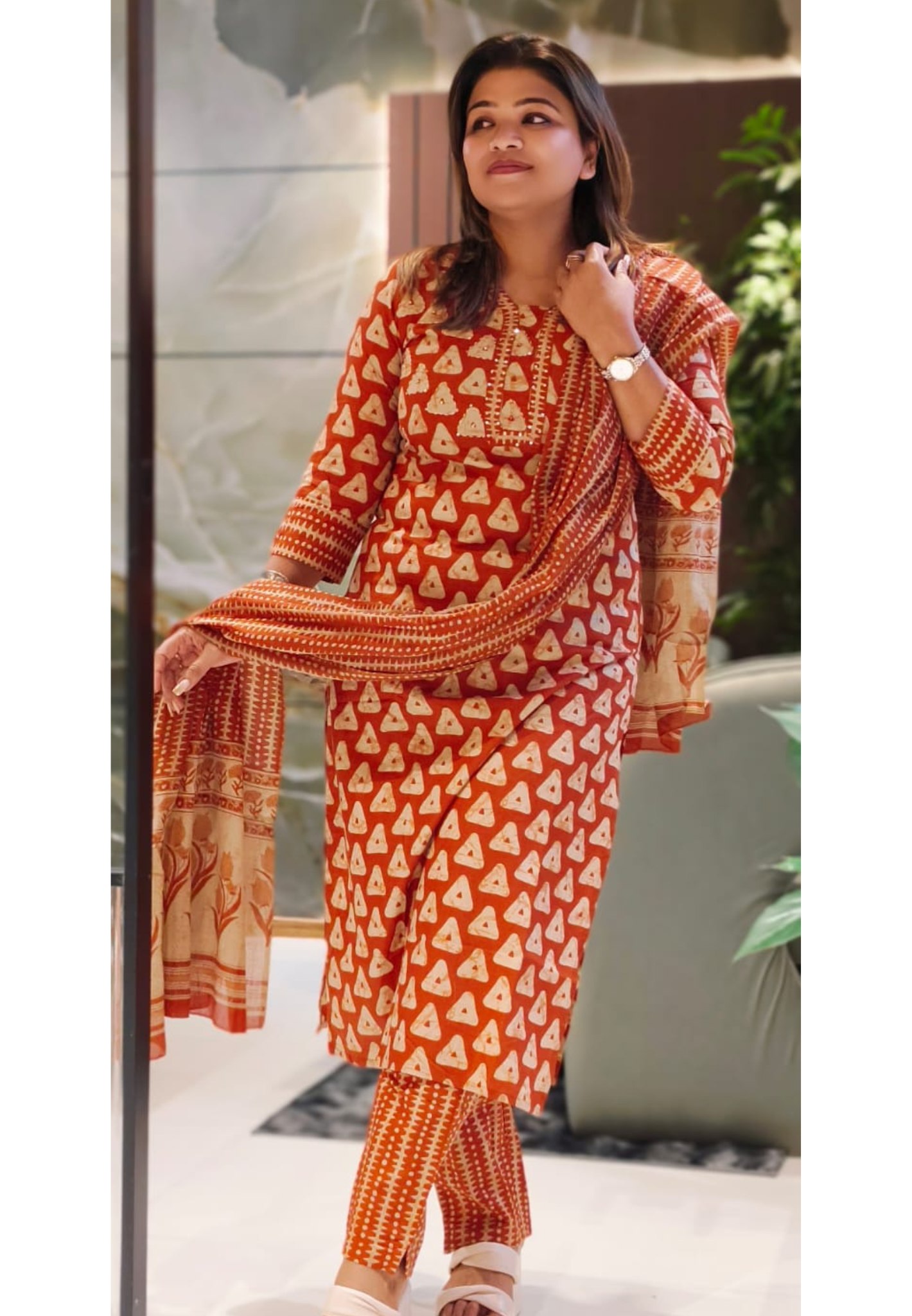 Hand Block Cotton Straight Kurta With Coordinated Printed Dupatta