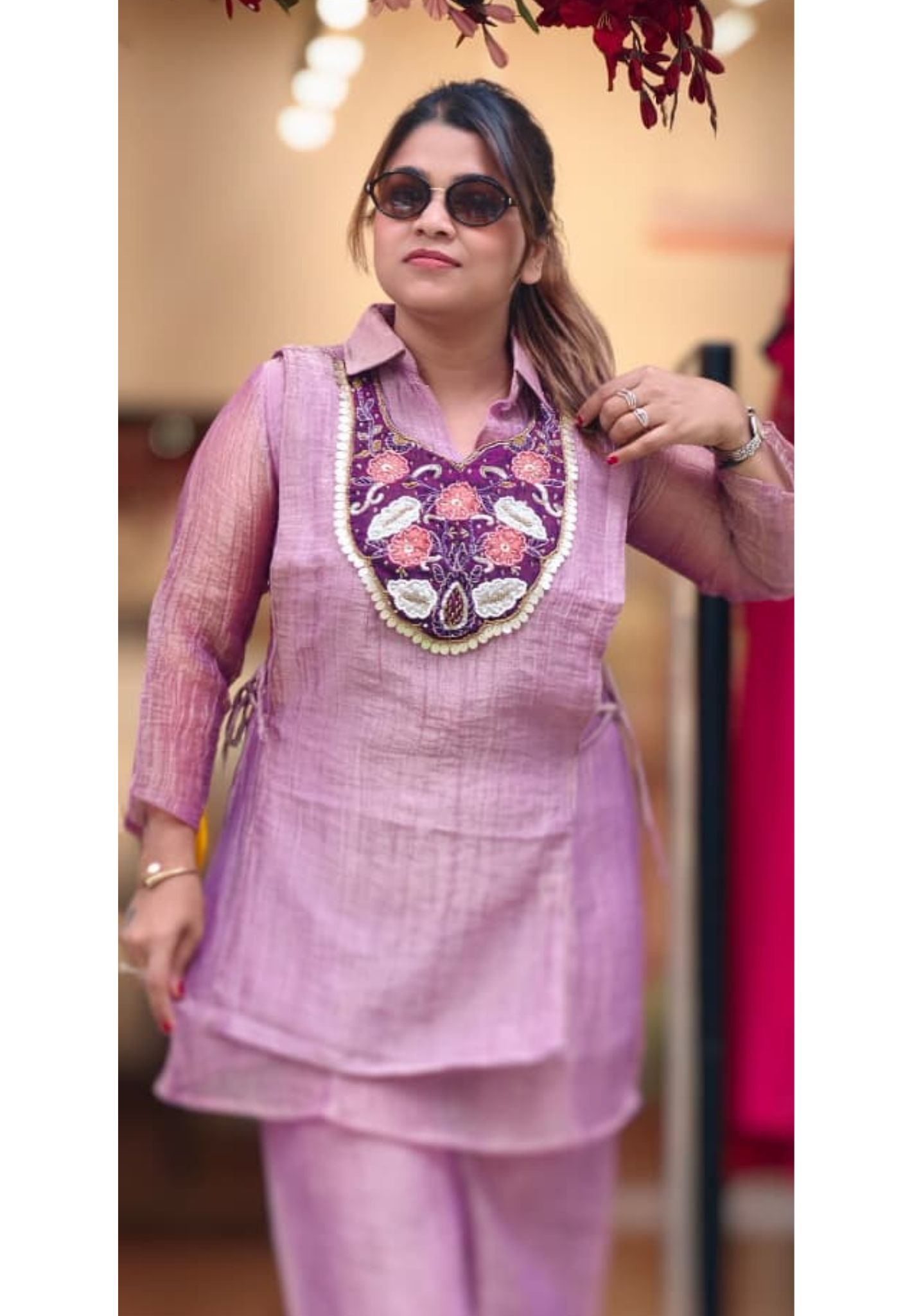 Beautiful Floral Higlights Yoke Double Layered Crush Tissue Co-Ord Set- 15514