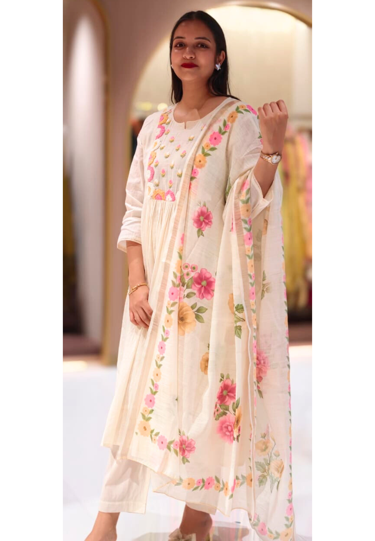 Cute Crochet Look Yoke Plain A-Line Full Suit Set With Dupatta In Checks Cotton Fabric- 13593