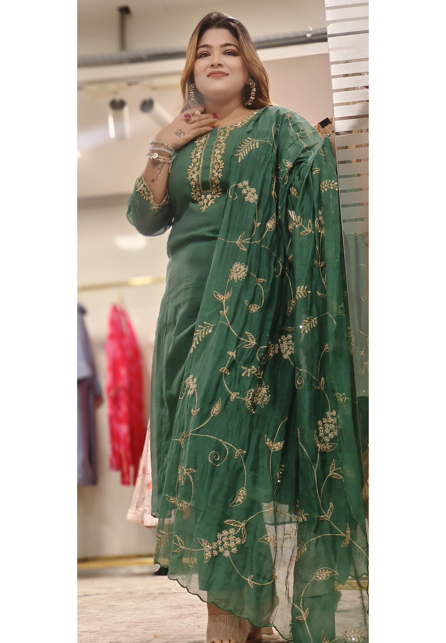Simple Handwork Round Neck A-line Full Suit With Heavy Jaal Work Dupatta In Mul Chanderi Fabric- 10128, 10129, 10130