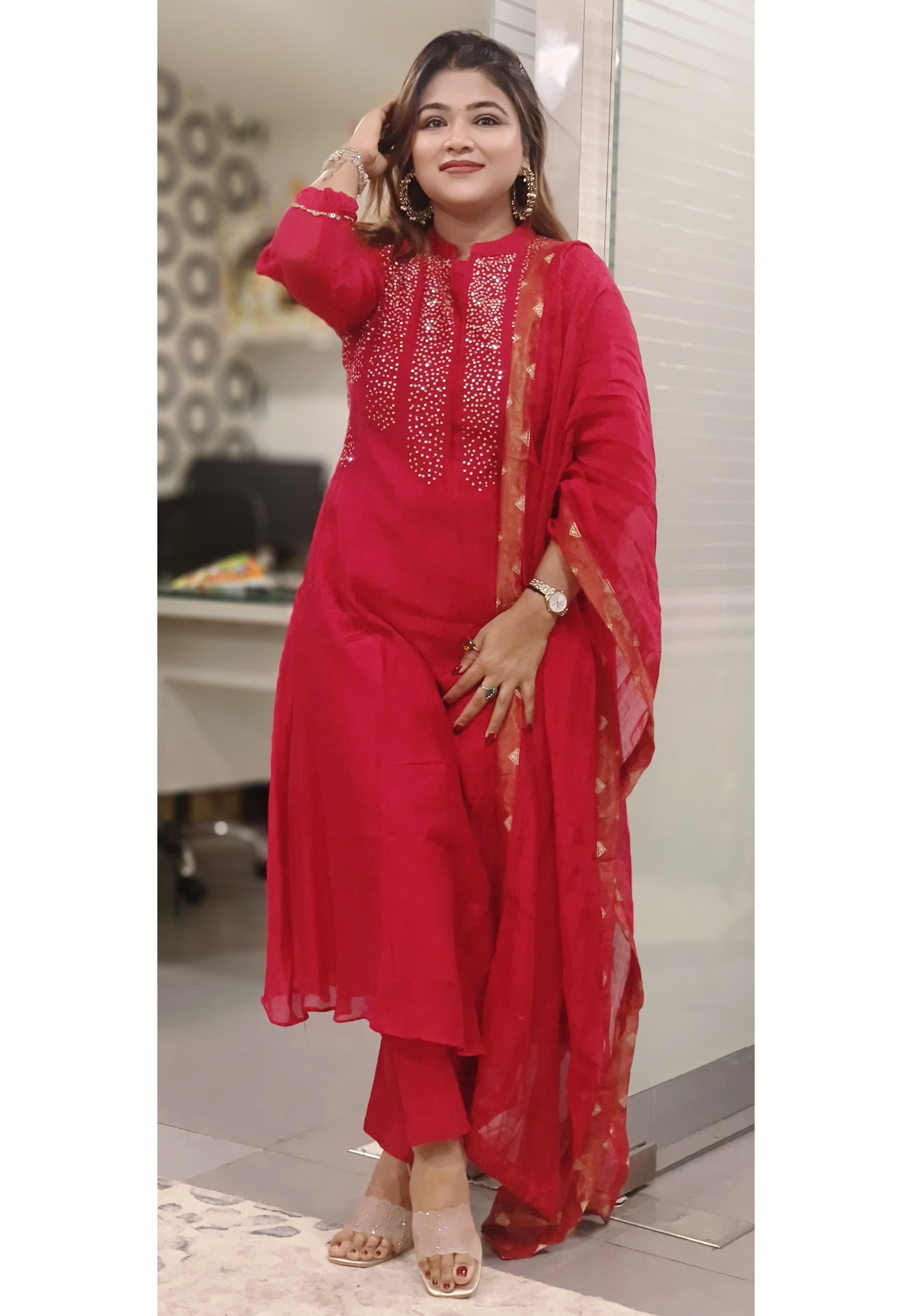 Tiny Foil Sequenced Front Work Full Suit Set With Dupatta In Pure Mul Chanderi Fabric- 10234, 10235, 10236