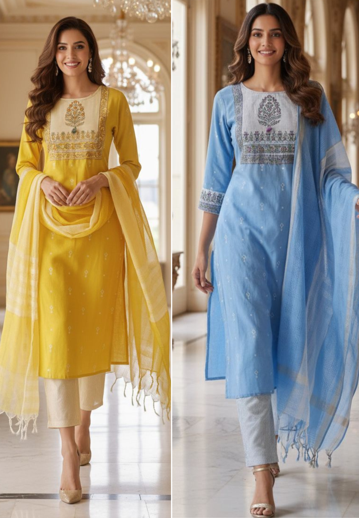 Embroidered Printed Yoke Premium Handloom Cotton Kurta Pant FullSet with Dupatta-12290,12289