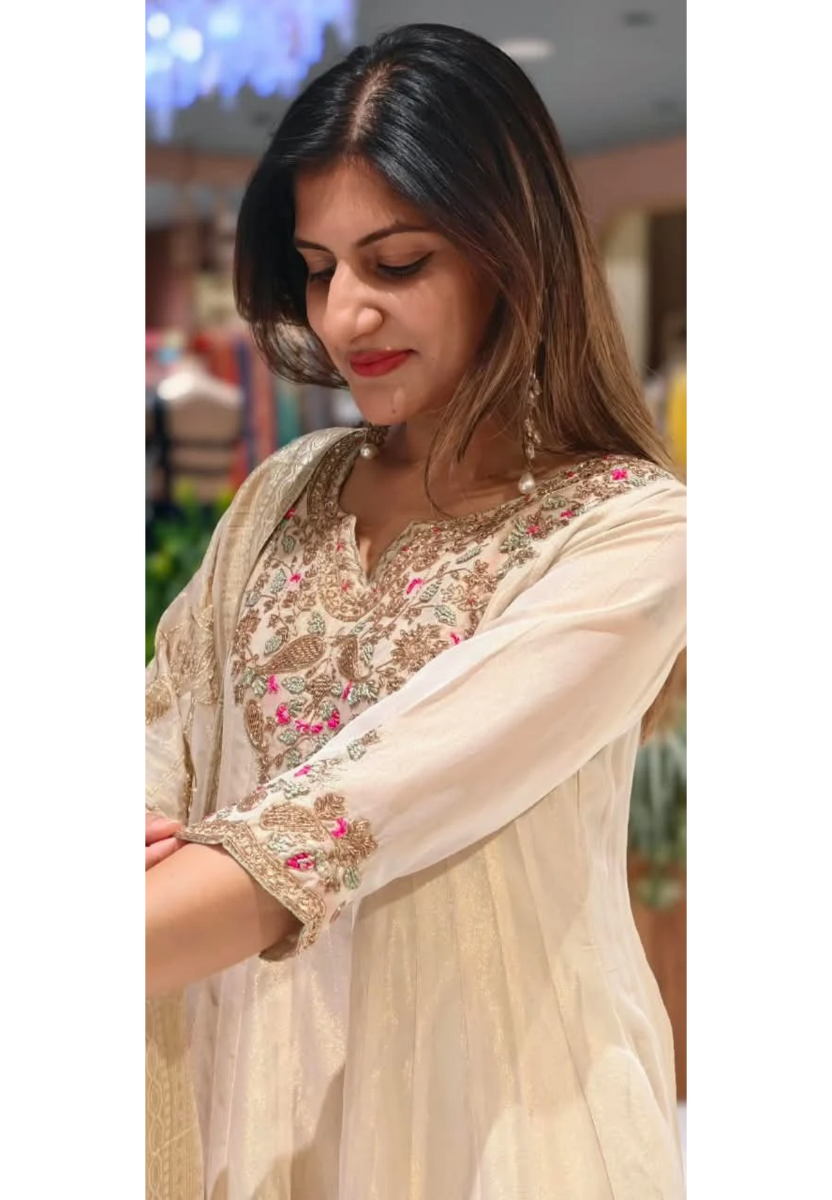 Opulent Tissue Silk Anarkali Suit with Multi-Color Zardozi and Pink Floral Embroidery- 16586