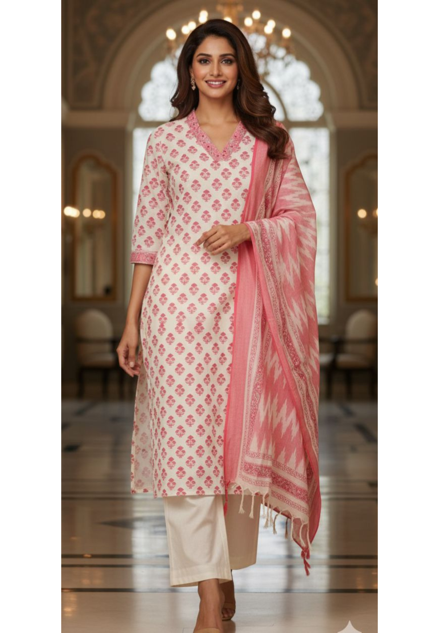 V Neck Handloom Cotton Kurta with 3/4th Sleeves, Matching Pants & Soft Cotton Ikkat Dupatta-12286