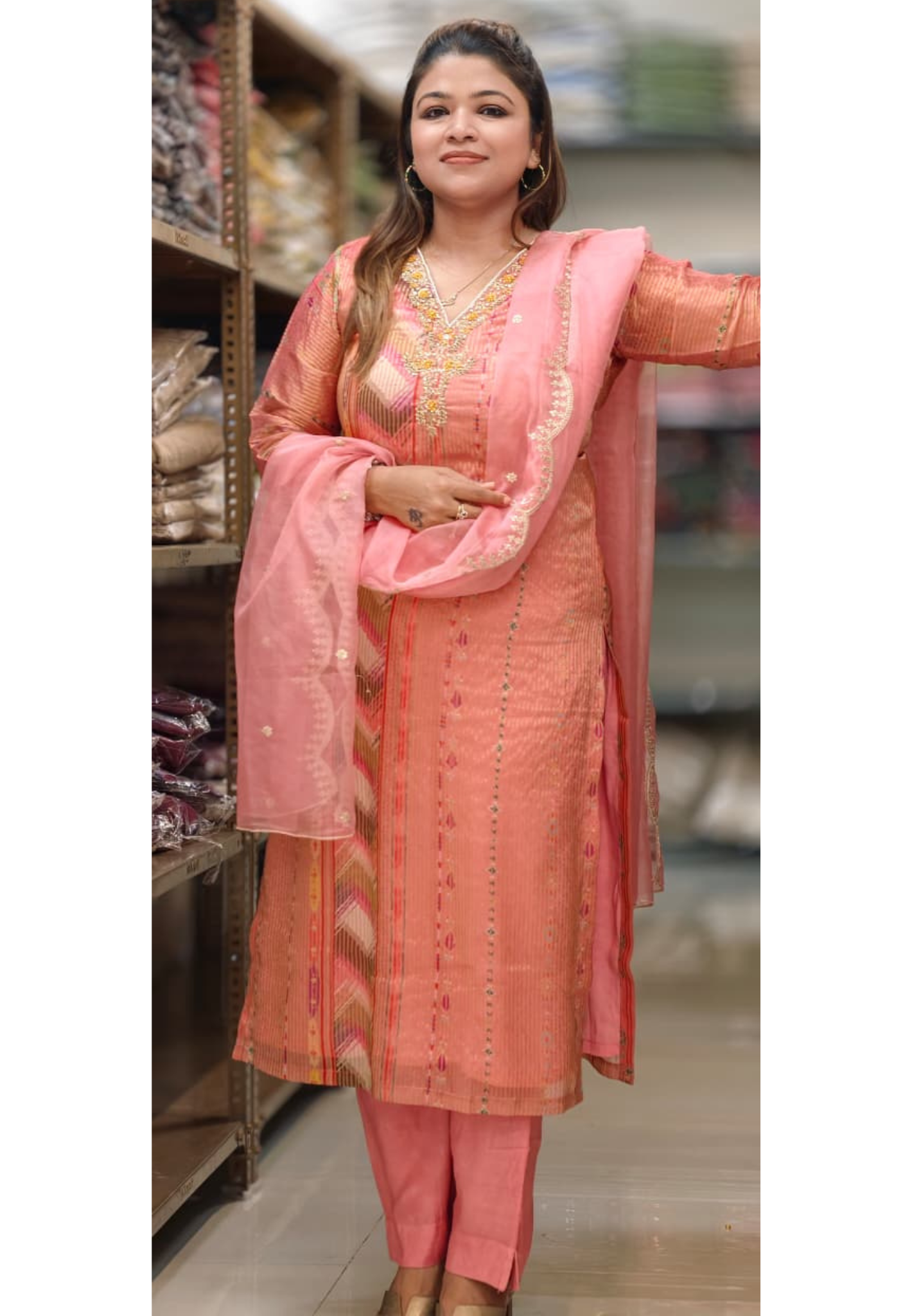 Tissue Elegance Golden Classic Striped Full Suit Set With Dupatta & Embellished Neckline