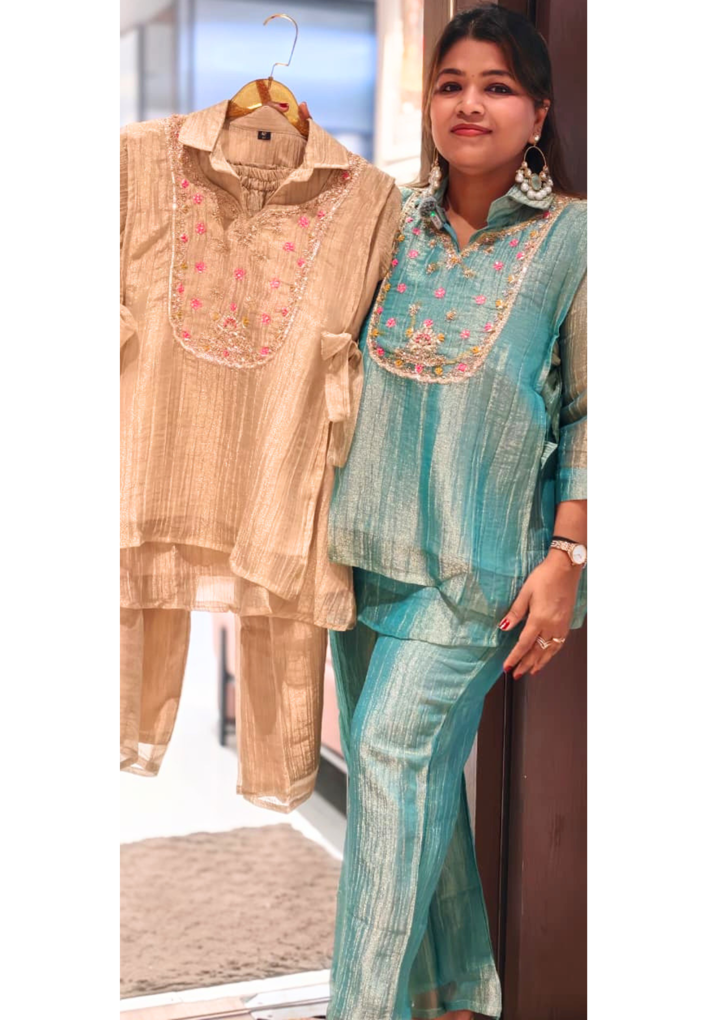 Embroidered Cute Floral Highlights Over Lay Co-Ord Set In Crush Tissue Fabric- 15631