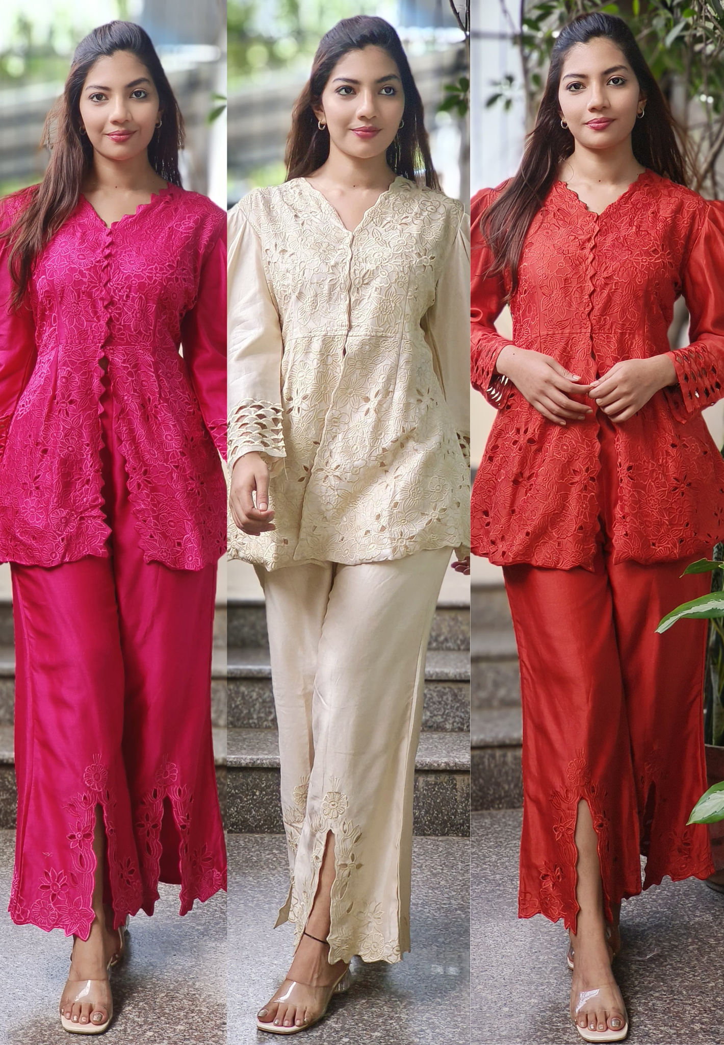 Floral Ressam Thread Embroidered Cutwork Puff Sleeve Kurta Pant Set In Pure Chanderi Fabric- 10265, 10266, 10267