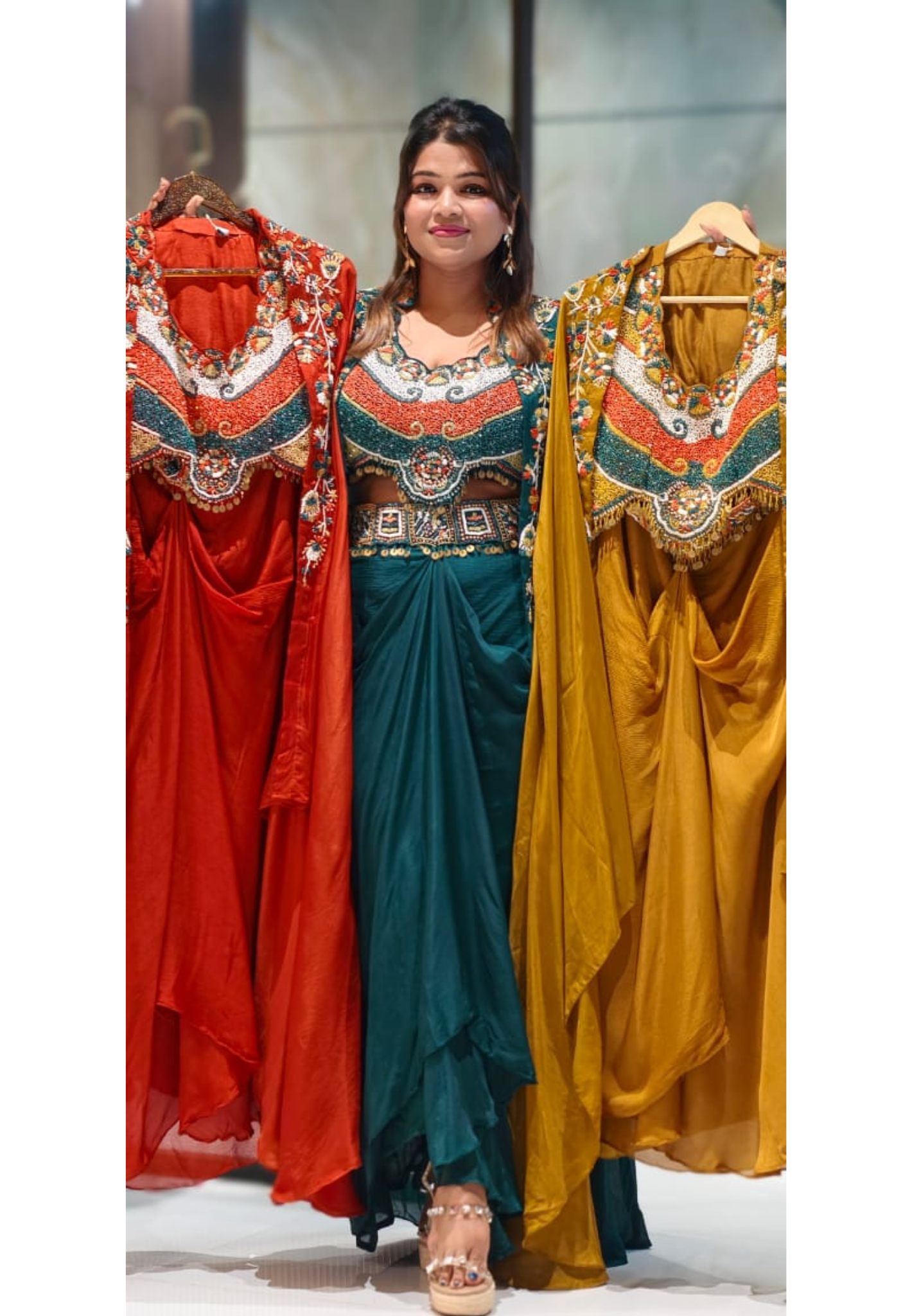 Rich Festive Tribal Multicolor Hand-Embroidered Buster With Shrug & Draped Skirt Indo-Western Outfit- 12975