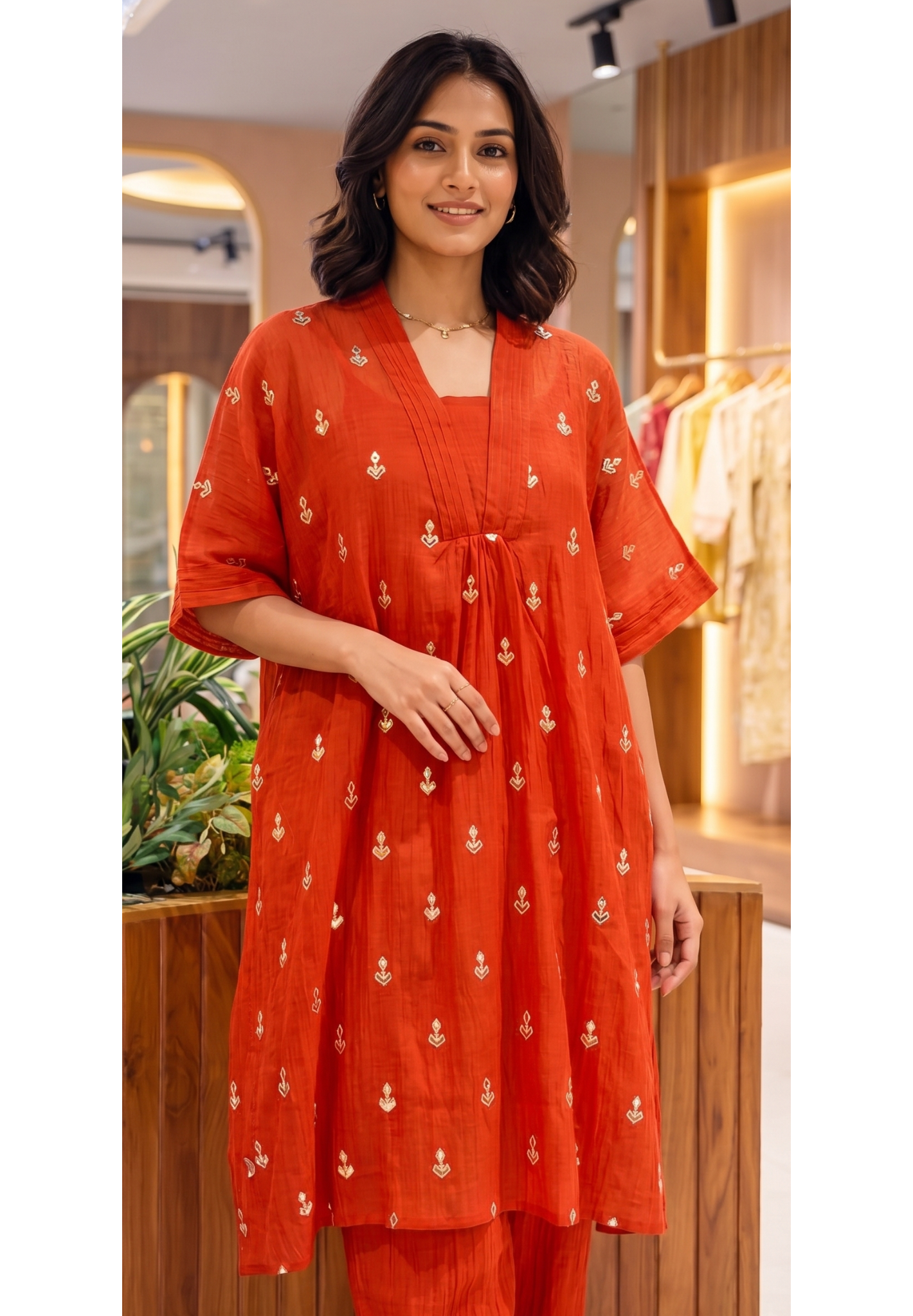 Banarasi Mul Chanderi Light Weight Golden Gotta Highlights Over Sized A-Line Kurta Pant Set- 14570 RB363