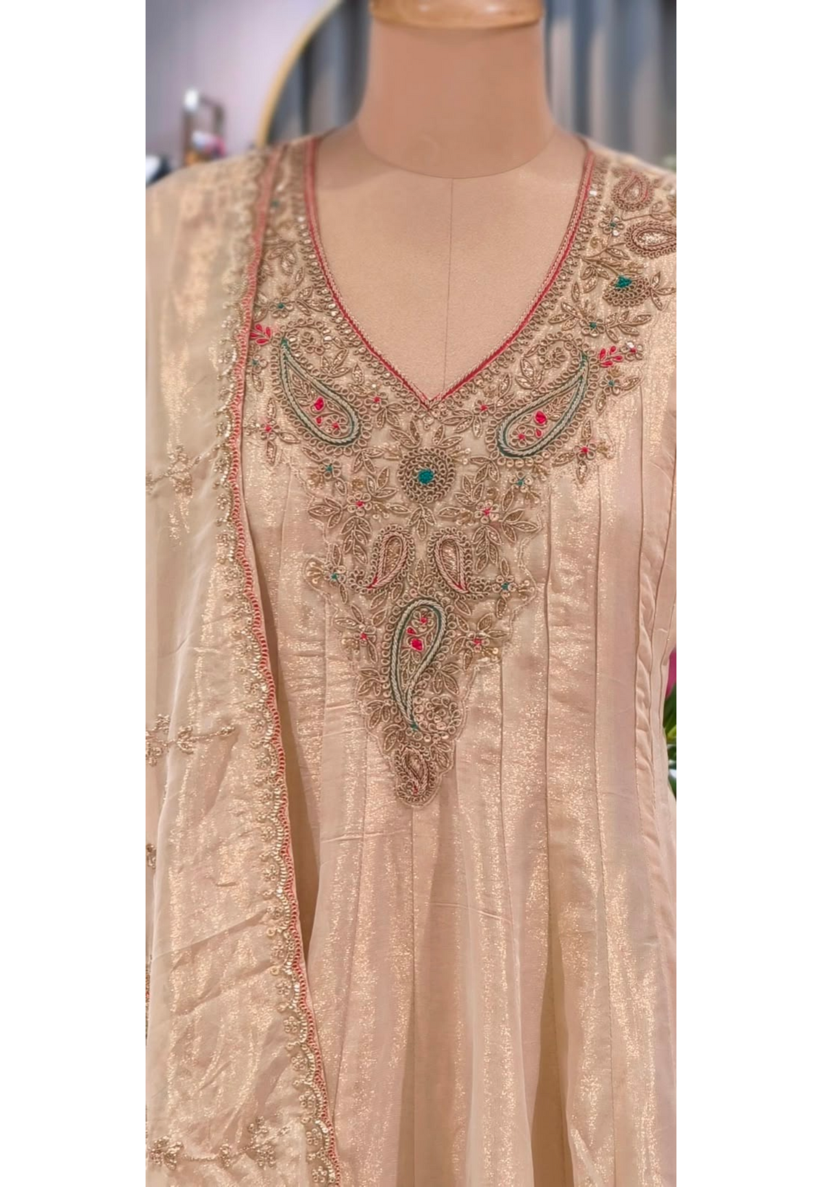 Royal Champagne Silk Tissue Anarkali Suit with Intricate Gold Neck Embroidery and Dupatta- 16619