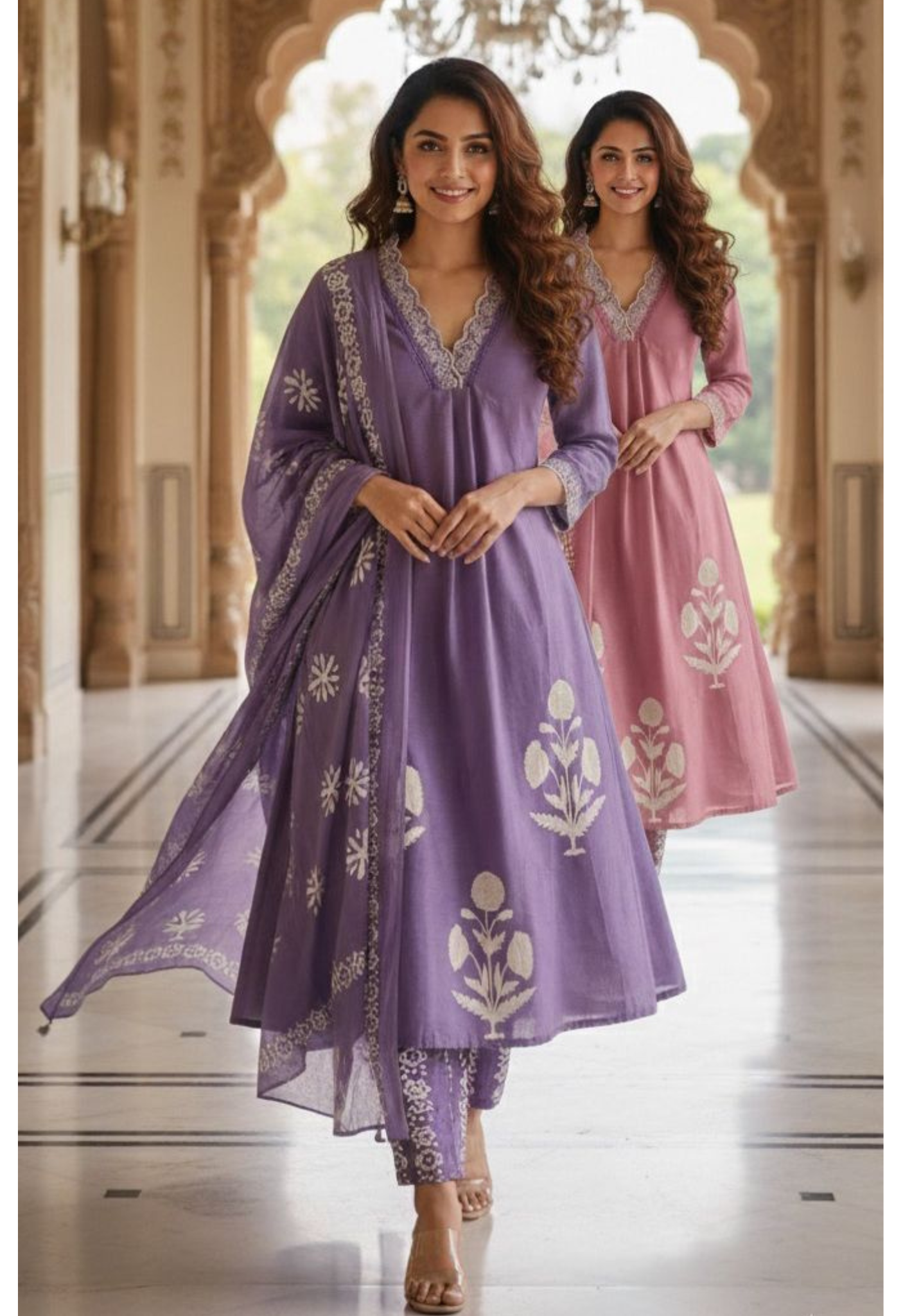 Aline Slight Elegant Cotton Embroidered Kurta Set with Lace Detailing on Neck and Sleeves-12244,12245,12246