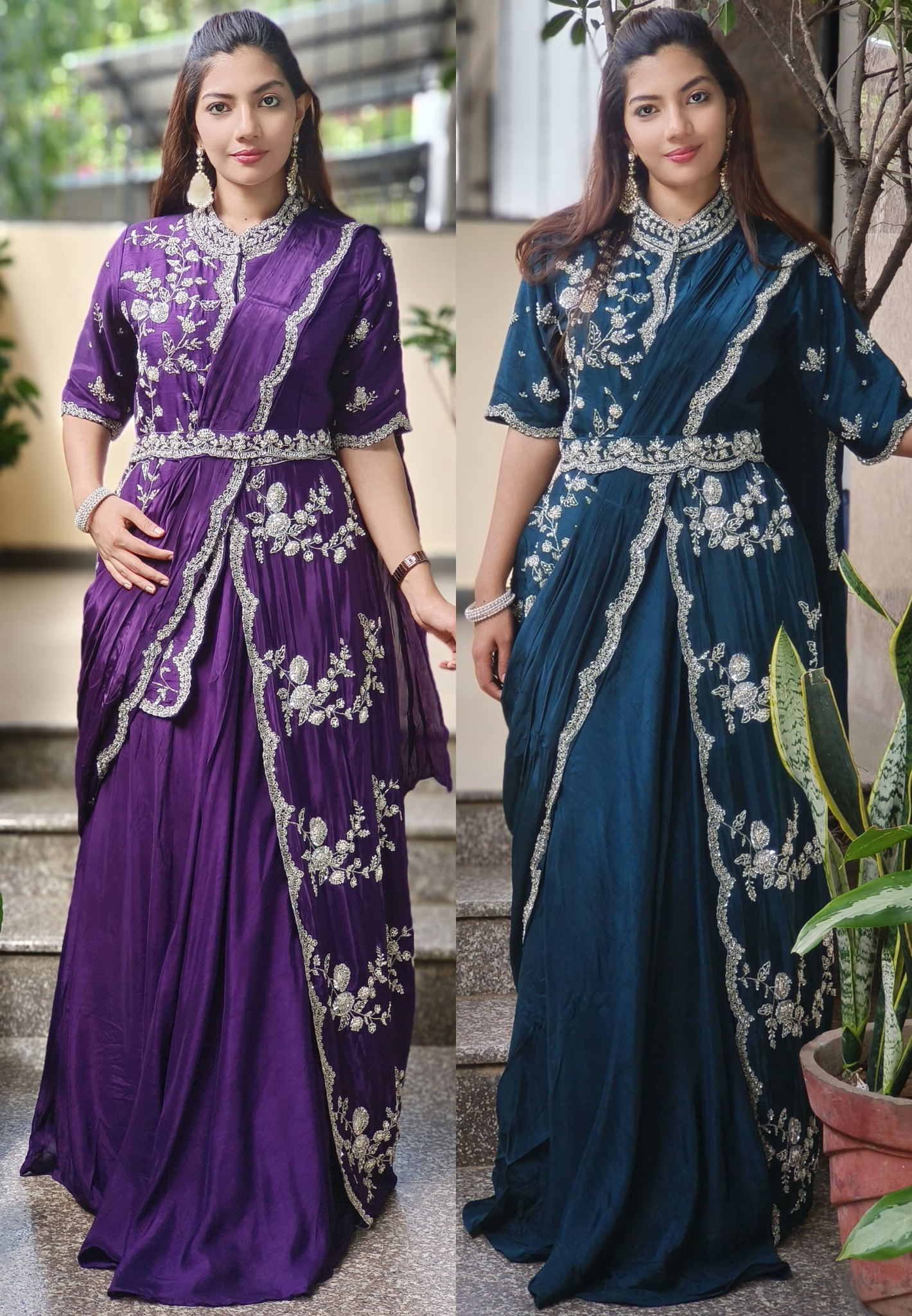 Heavy Handwork Party Wear Draped Crepe Gown With Attached Silk Jacket & Belt