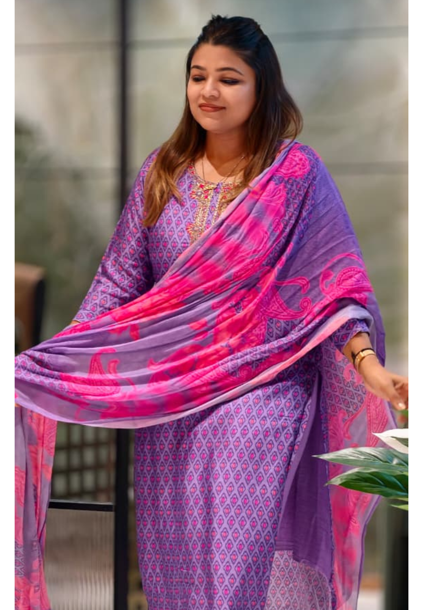 Detailed Floral Yoke Embroidery Lavender Purple Geometric Print Russian Silk Full Suit Set SLIGHTLY LEAN FIT
