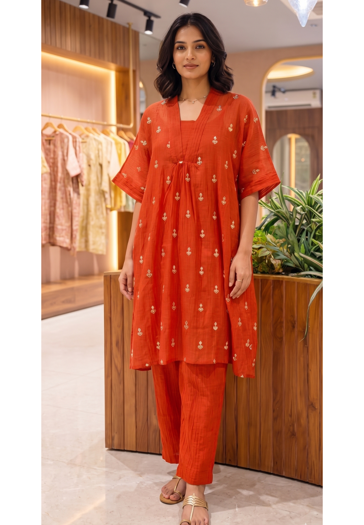 Banarasi Mul Chanderi Light Weight Golden Gotta Highlights Over Sized A-Line Kurta Pant Set- 14570 RB363