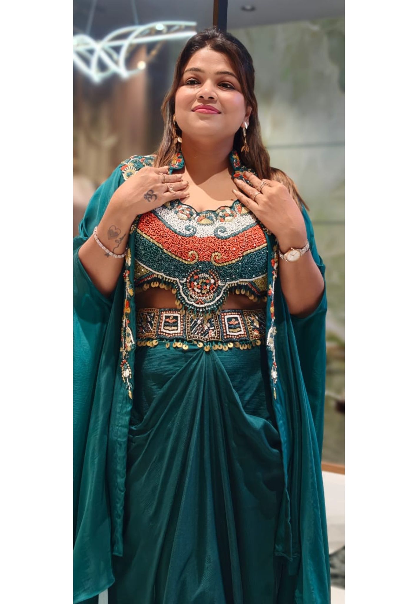 Rich Festive Tribal Multicolor Hand-Embroidered Buster With Shrug & Draped Skirt Indo-Western Outfit- 12975