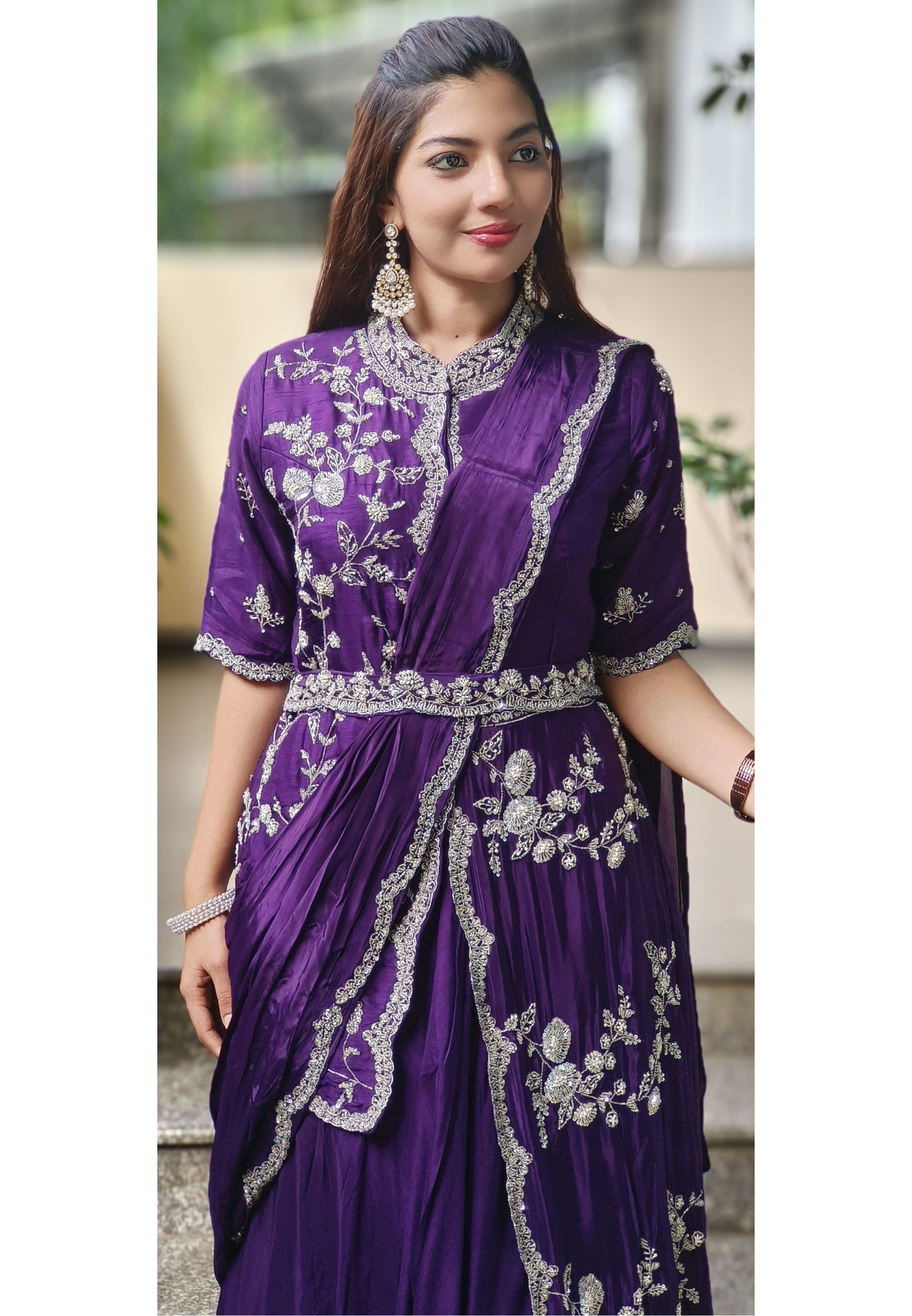 Heavy Handwork Party Wear Draped Crepe Gown With Attached Silk Jacket & Belt
