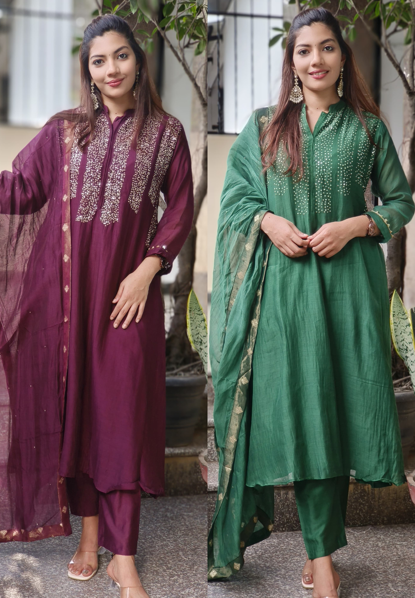 Tiny Foil Sequenced Front Work Full Suit Set With Dupatta In Pure Mul Chanderi Fabric- 10234, 10235, 10236