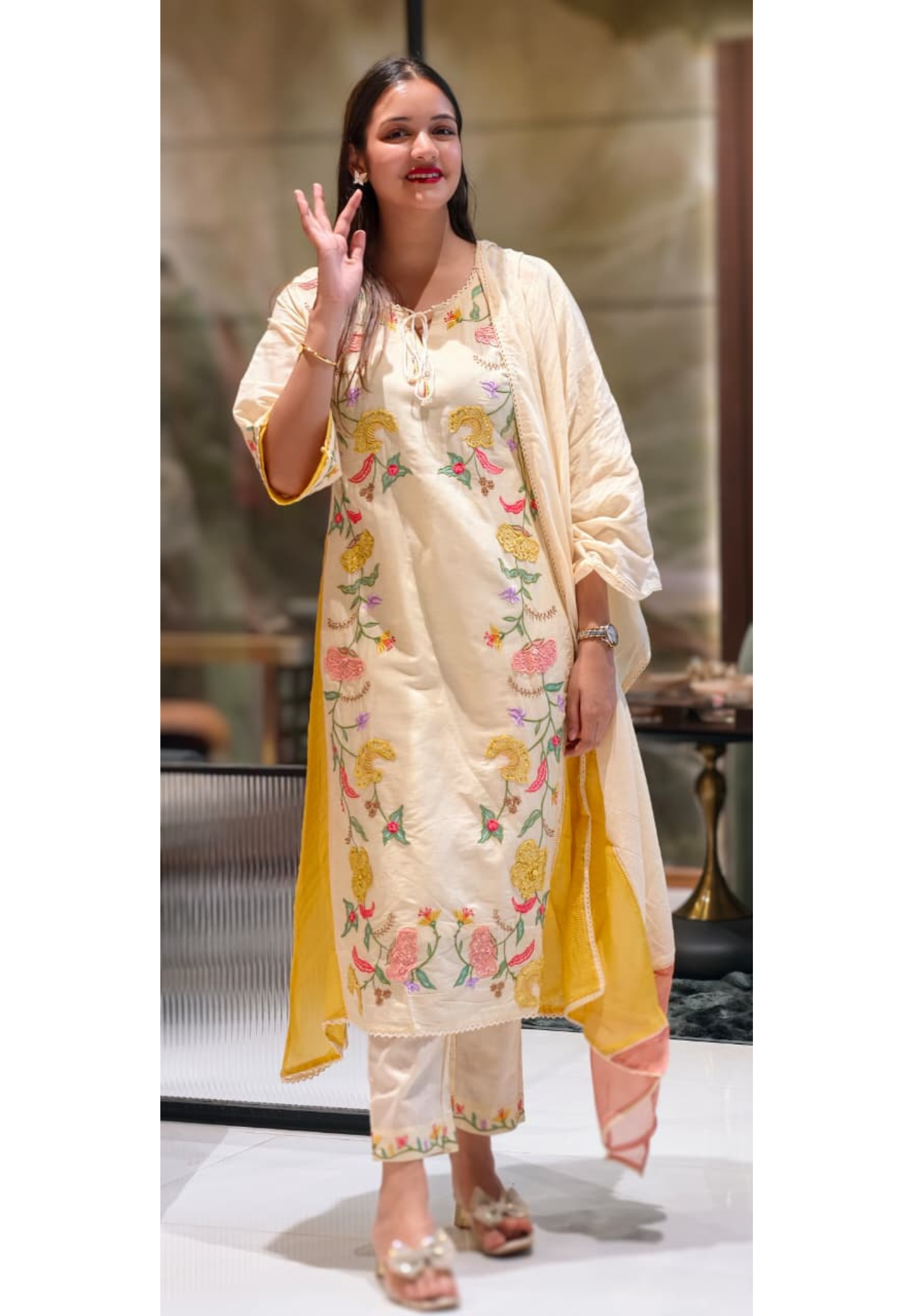 Floral Patch Look Embroidered Twin Color Slit Side A-Line Full Suit Set With Dupatta In Checks Cotton Fabric- 13575