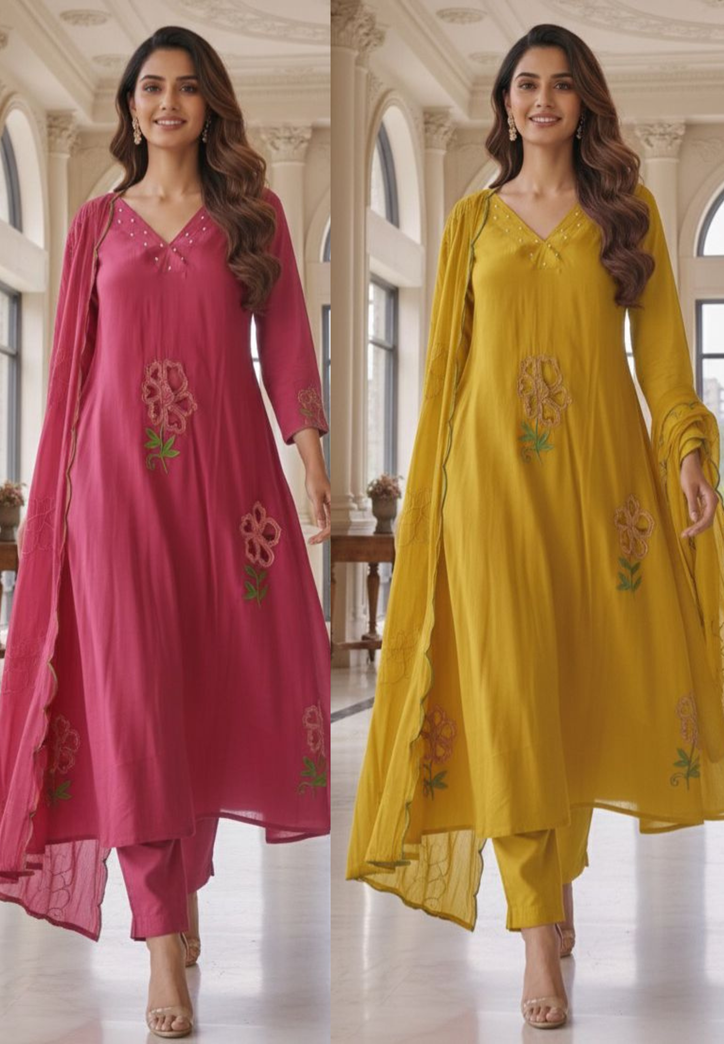 Surat Mul Chanderi Beautiful Cut Work V Neck Kurta with Bottom and Dupatta-12306,12305