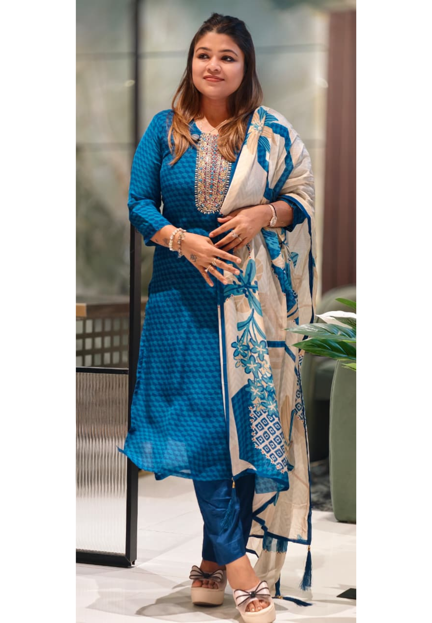 Traditional Embroidered Yoke Royal Blue Micro-Geometric Print Full Suit Set with Dupatta