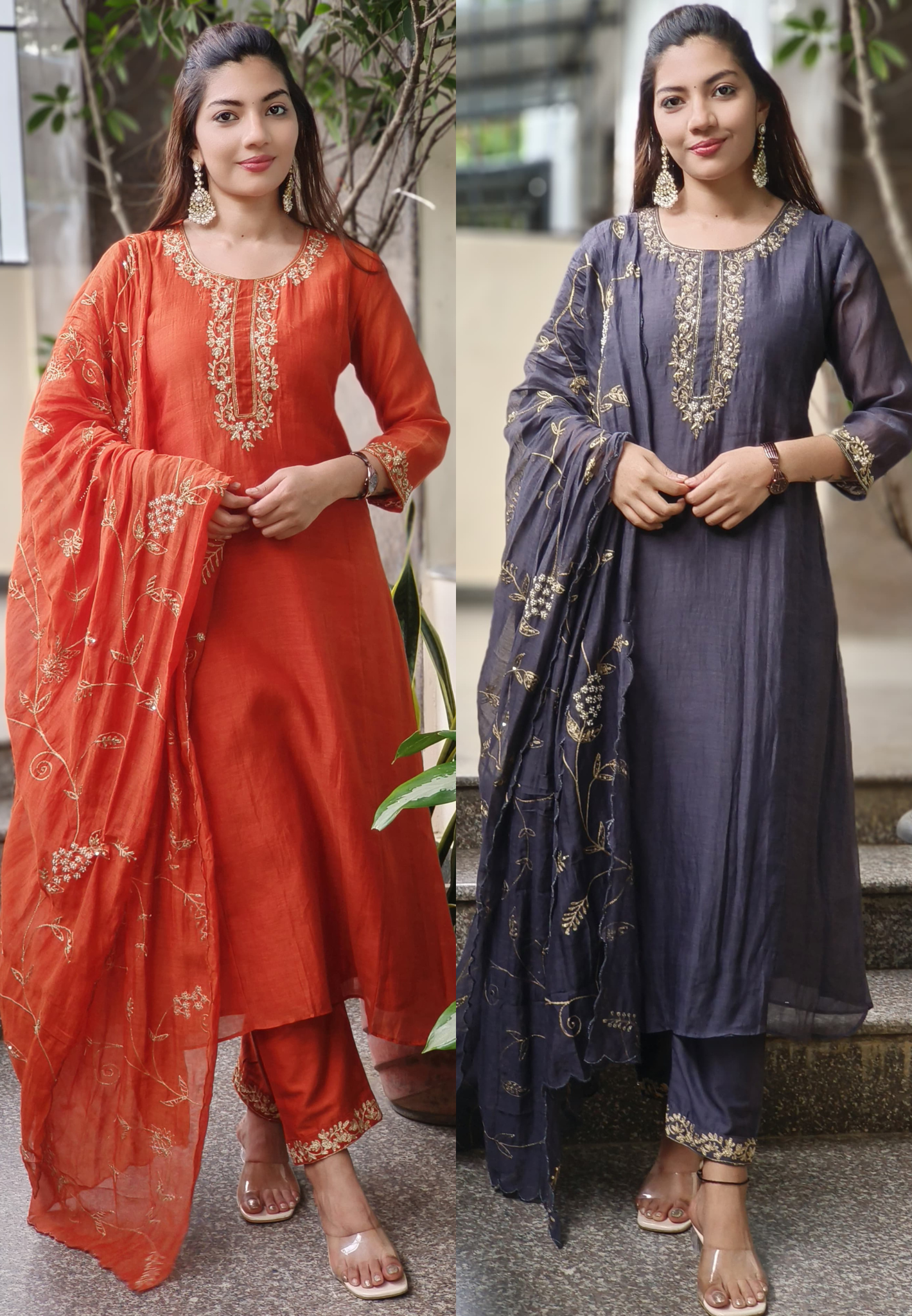 Simple Handwork Round Neck A-line Full Suit With Heavy Jaal Work Dupatta In Mul Chanderi Fabric- 10128, 10129, 10130