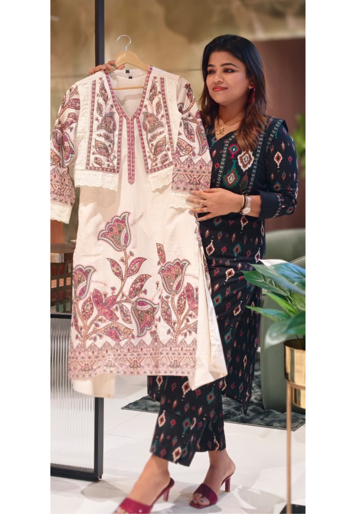 Thread Embroidered Cut-Work Laced Detechable Jacket With Printed Cotton Kurta Pant- 13586