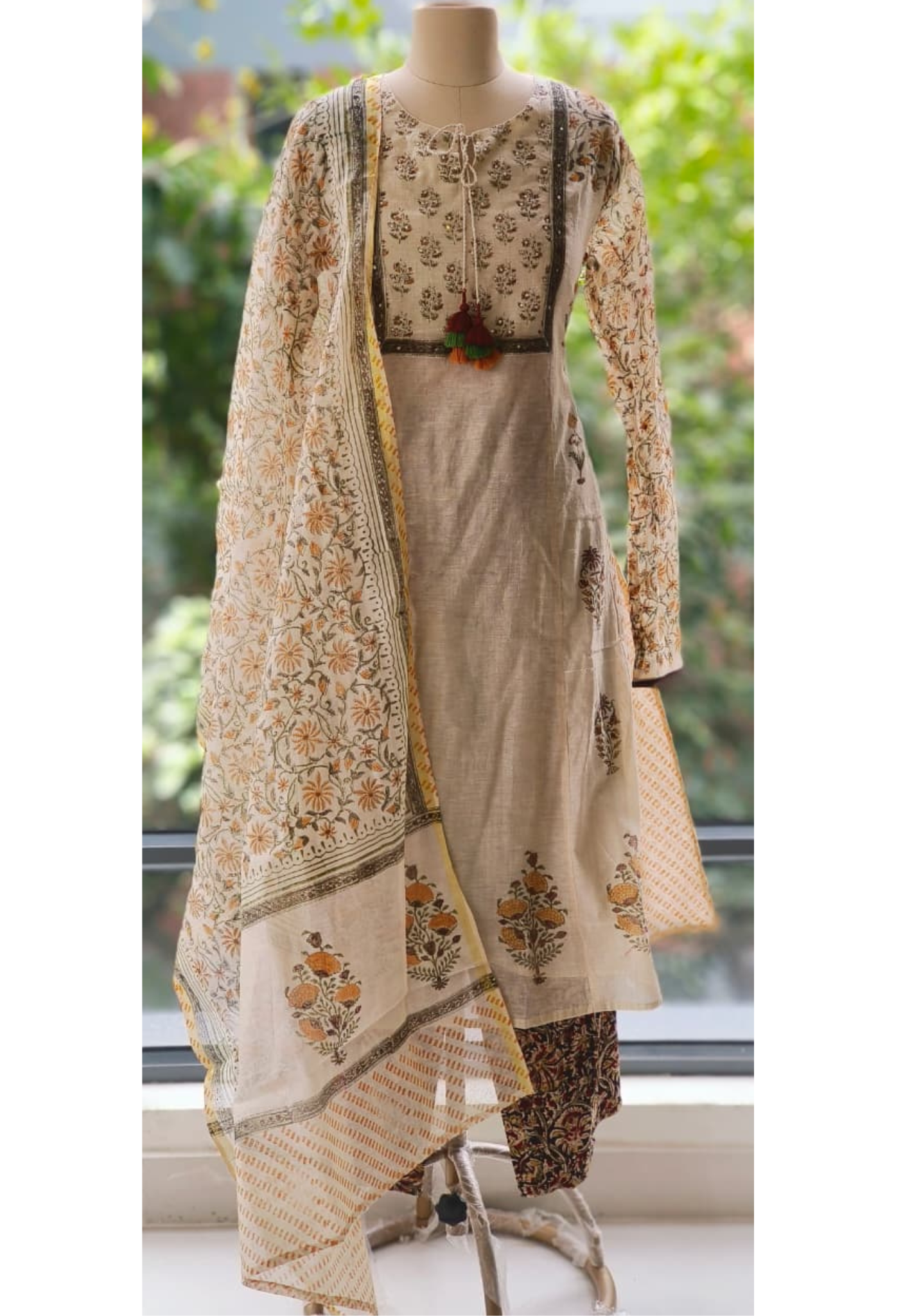 Premium Chanderi Cotton Anarkali with All-Over Traditional Print and kalamkari bottom and dupatta-12281