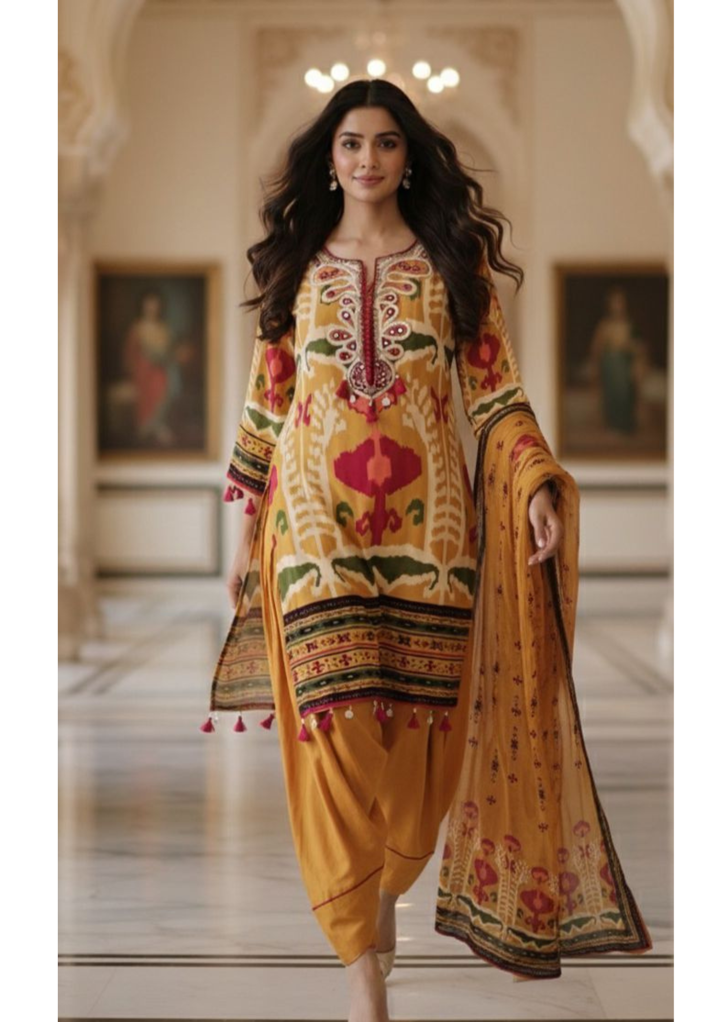 Mustard Ikat Print Crepe Kurta Set with Hand Embroidered Mirror Work Neckline Tassel Detailing-12224