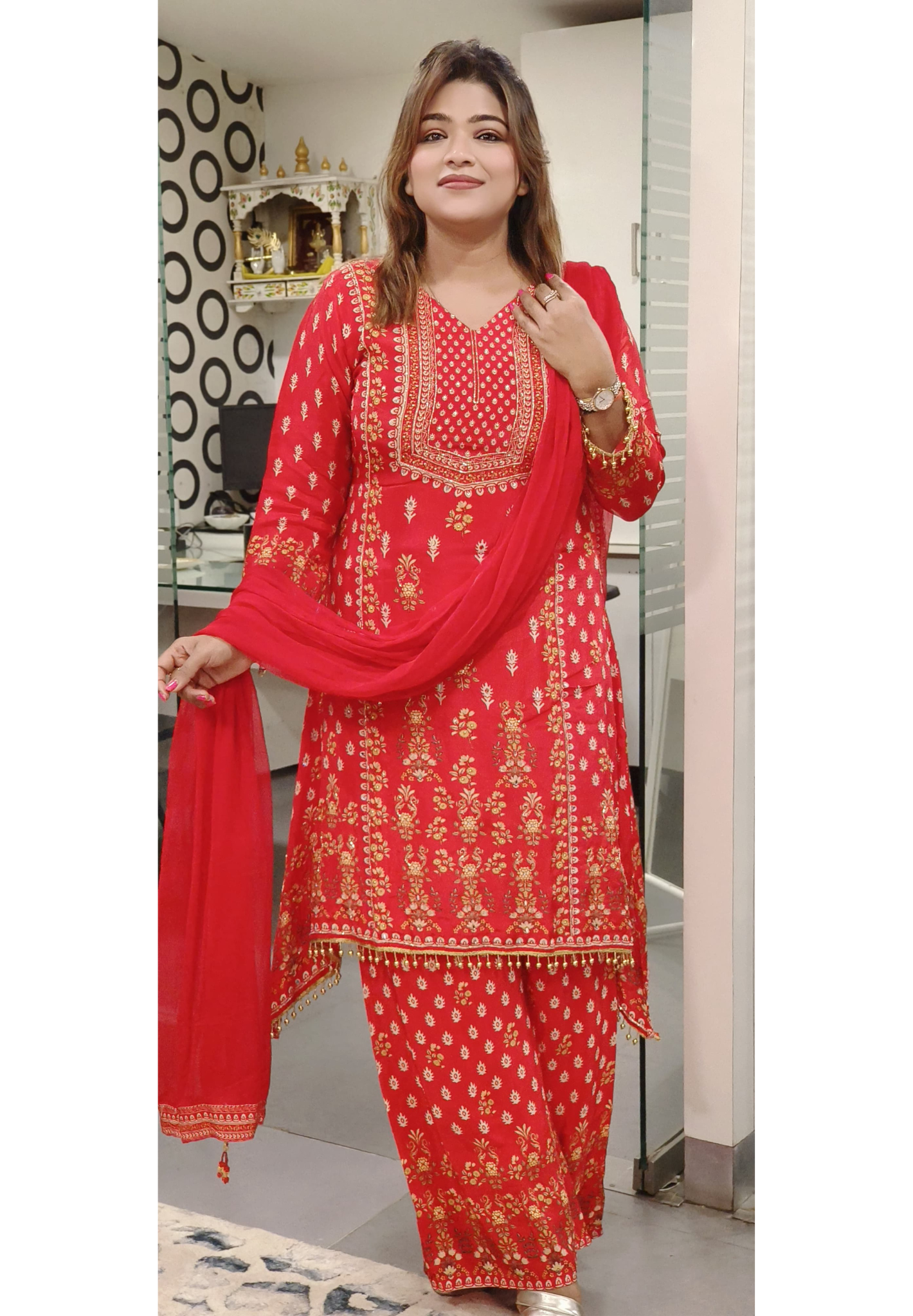 Regal Charm in Red β Pure Crape Zardosi & Real Mirror Work Suit Set with Palazzo Pants-09213