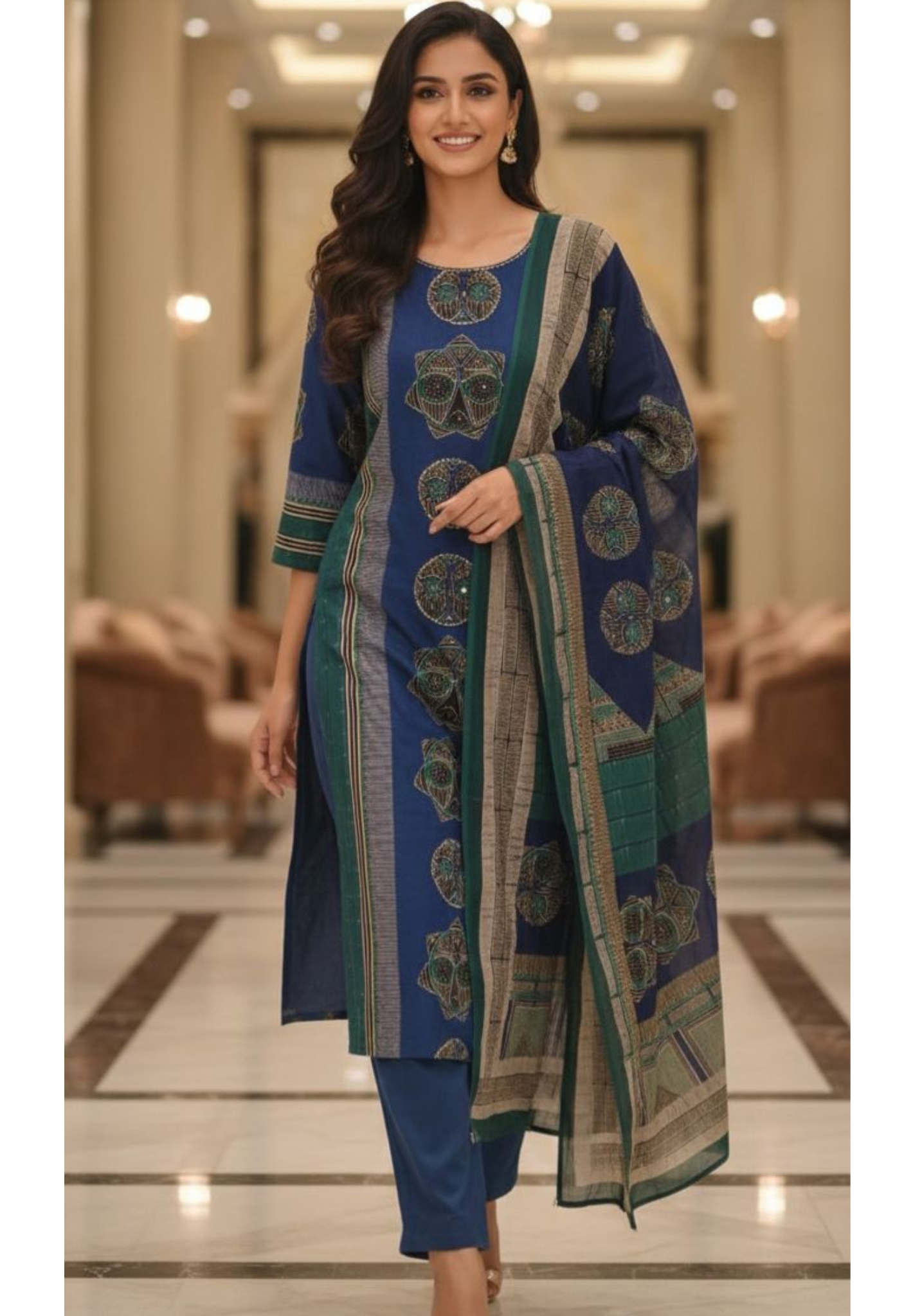 Elegant Pure Cotton Navy Kurta Pant Dupatta Set Featuring Traditional Prints & Soft Comfortable Fabric