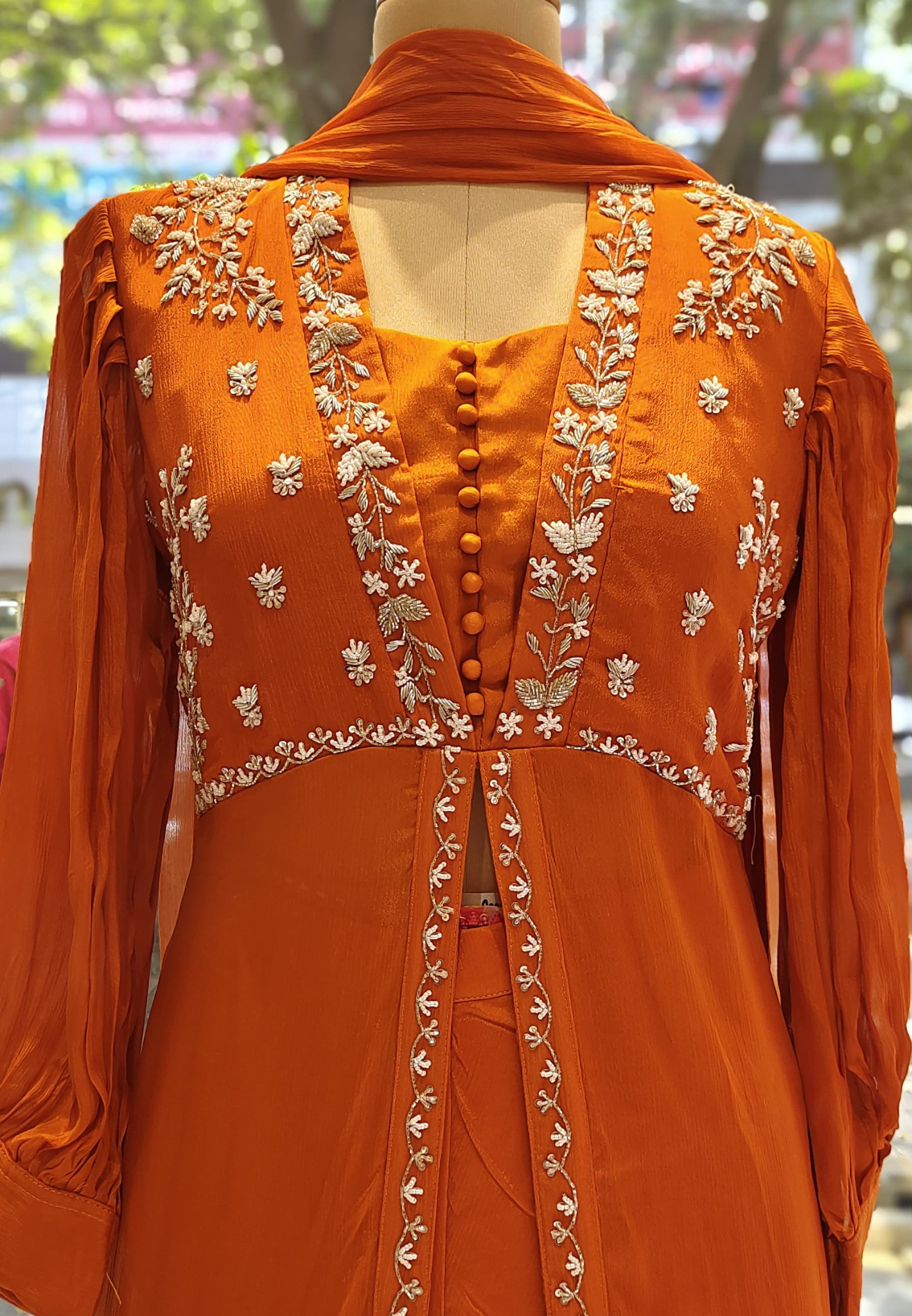 Stylish Party Wear Cut dana embroidery front slit Chinon Full suit With palazzo and dupatta DRY WASH -06577