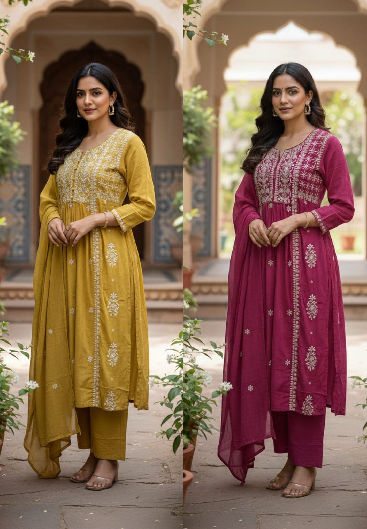 Chikankari Style Thread Embroidered Aline Kurta Set with Pants & Dupatta