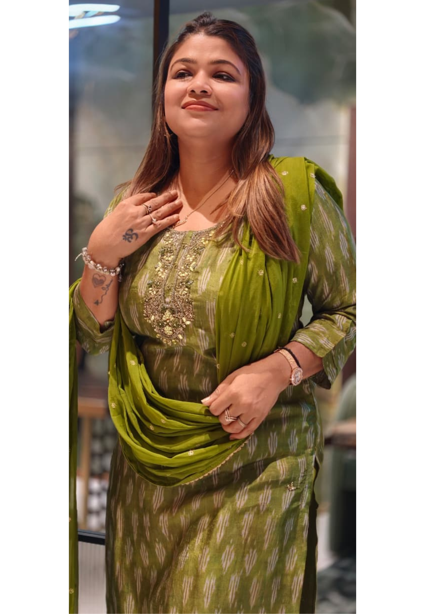 Moss Green Textured Ikat Pattern Full Suit Set with Zardosi Embroidered Neck