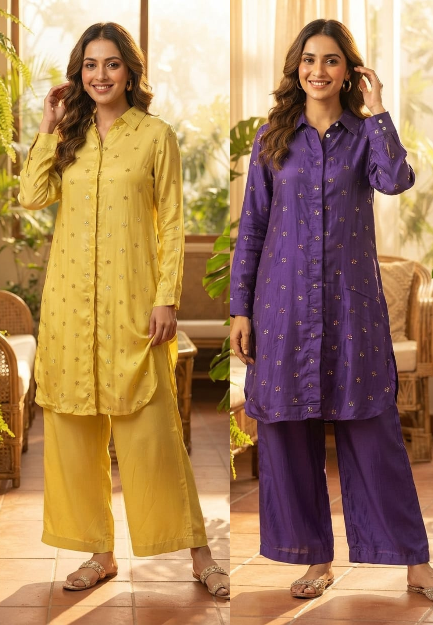 Contemporary Embroidered Muslin Fabric Co-Ord Set – Stylish Long Kurta with Comfortable Wide-Leg Pants- 15817