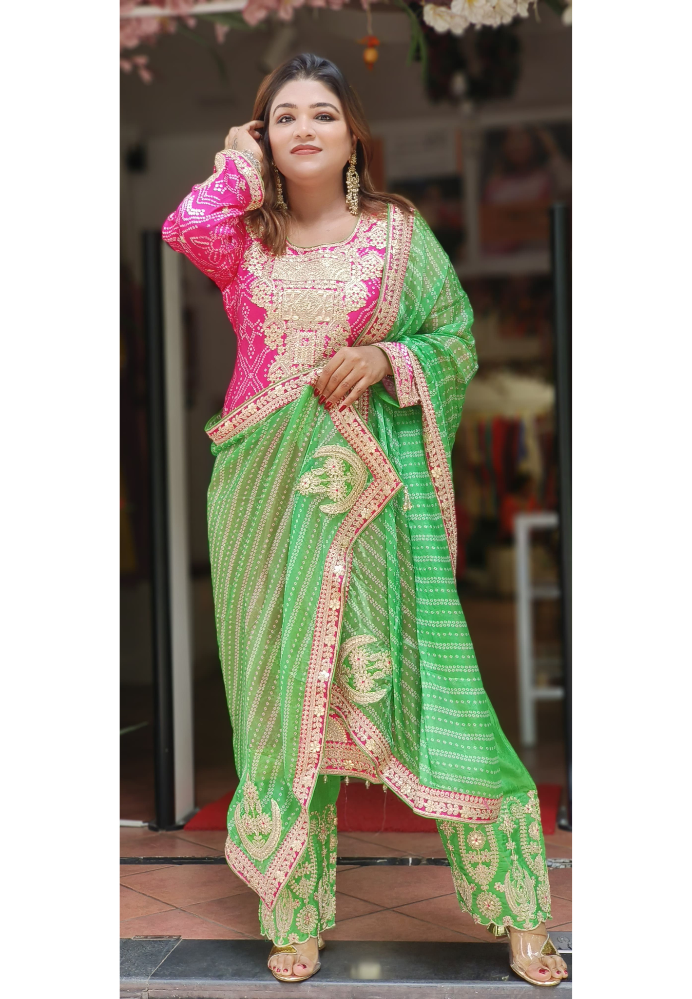 Zari Work Beautiful Yoke Design Bandhani Print Full Suit With Dupatta In Silk Fabric
