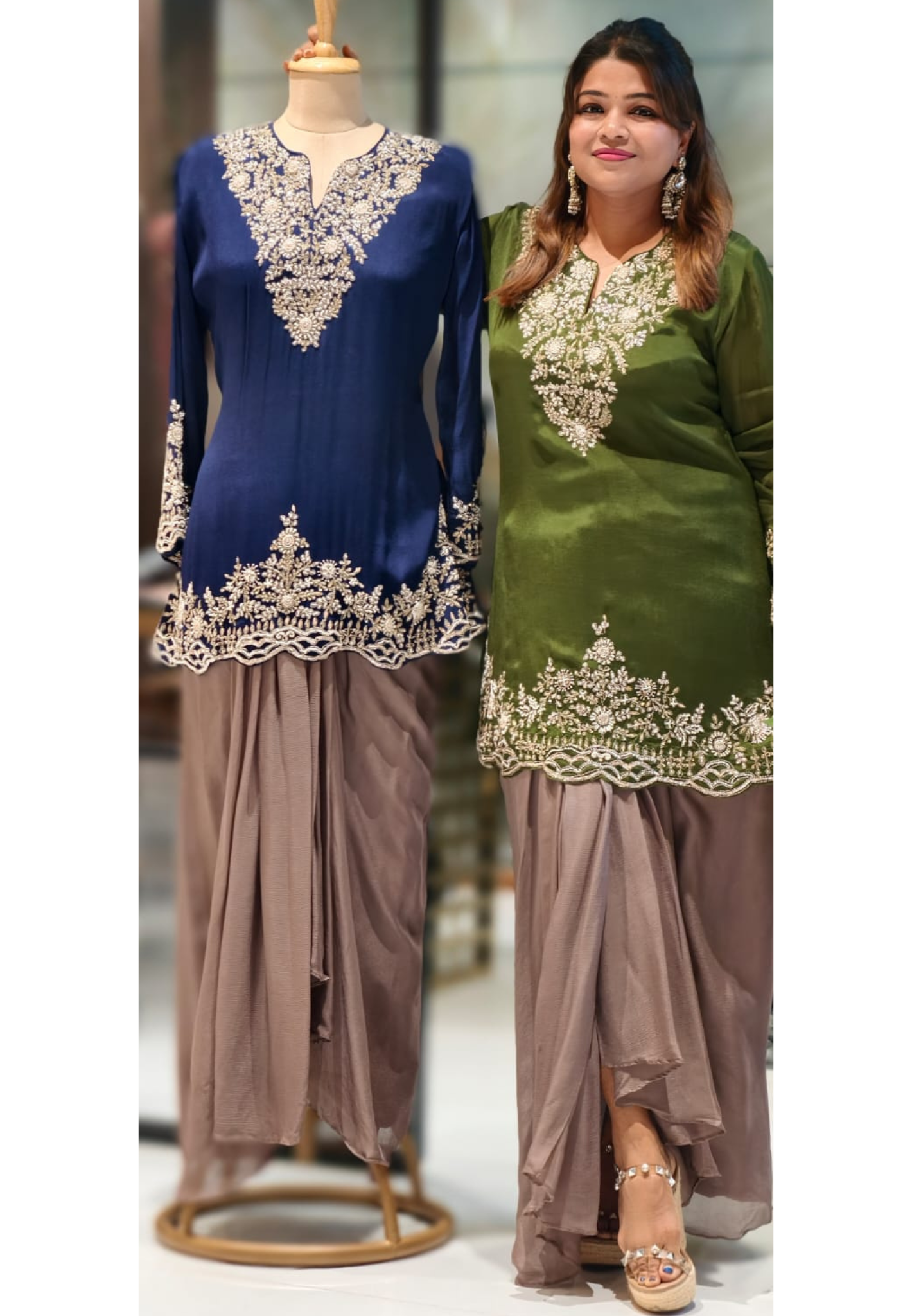 Dual Color Combination Stylish Handwork Short Length Kurta With Drape Skirt- 12972