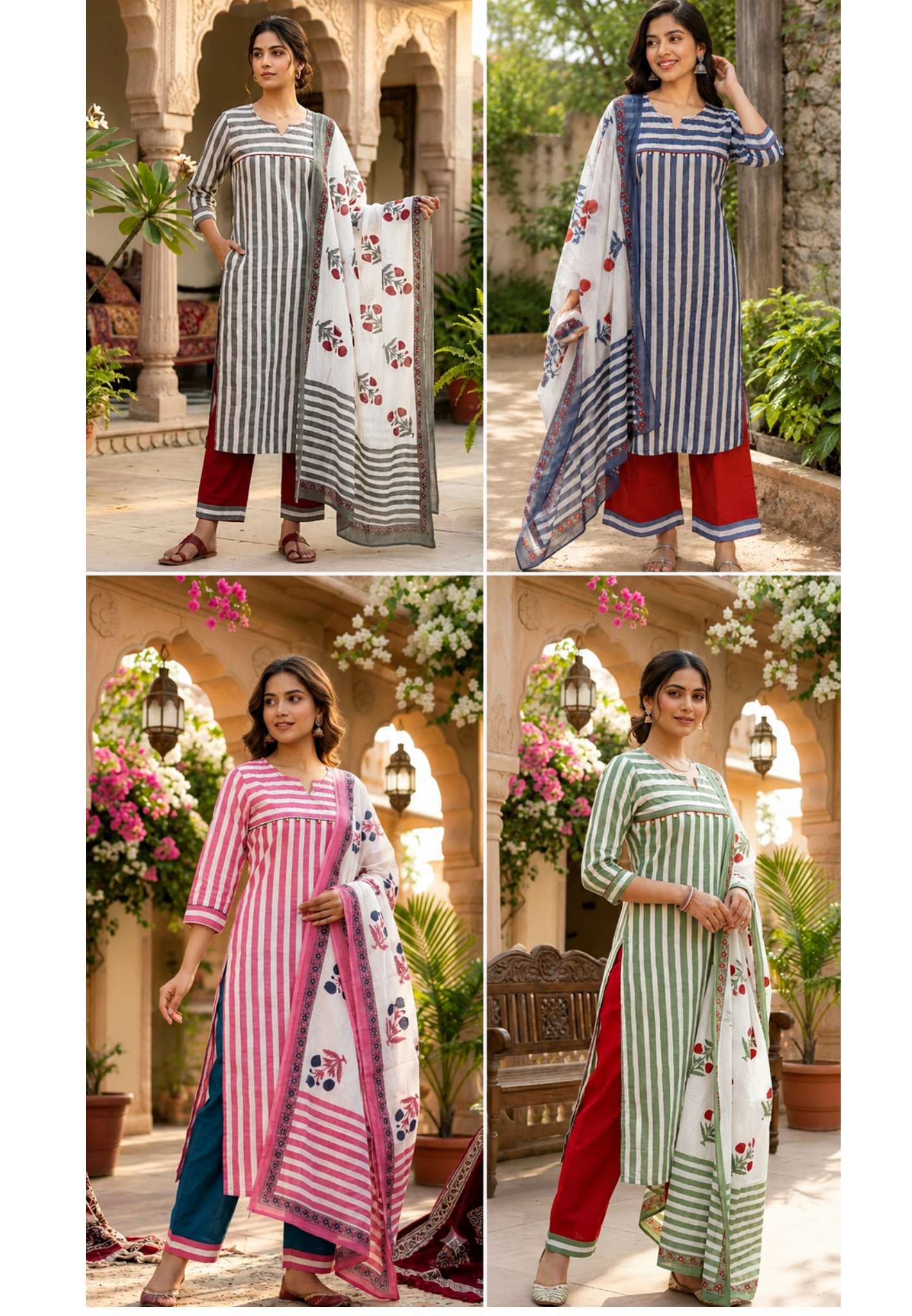 Striped Cotton Pure Cotton Long Kurta Suit Set with Floral Printed Dupatta-15174