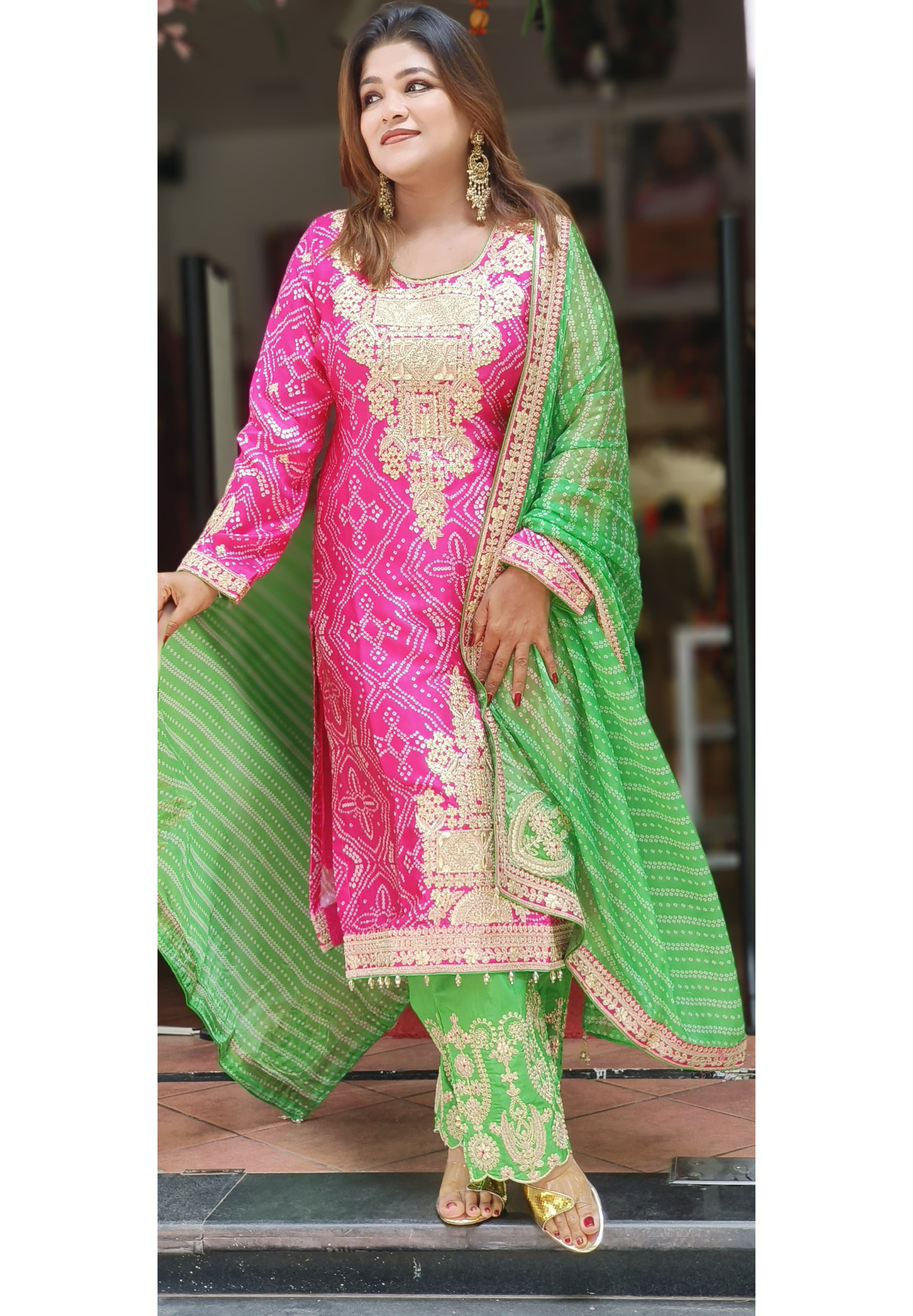 Zari Work Beautiful Yoke Design Bandhani Print Full Suit With Dupatta In Silk Fabric