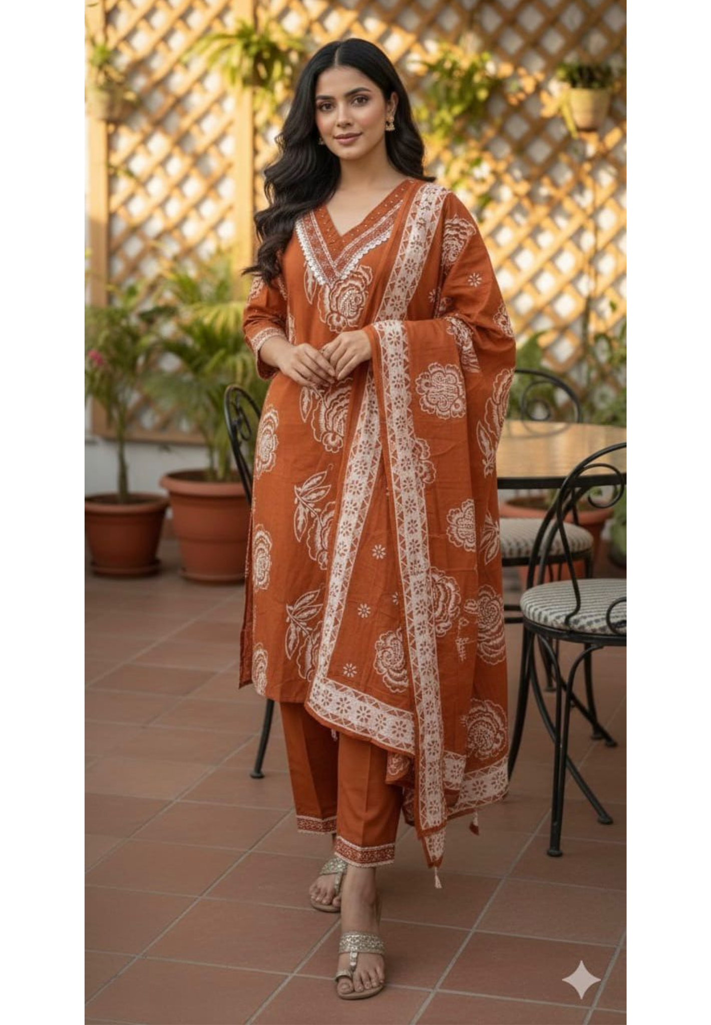 Rusted Tone Unique Look V-Neck Giant Floral Printed Cotton Full Suit Set With Dupatta