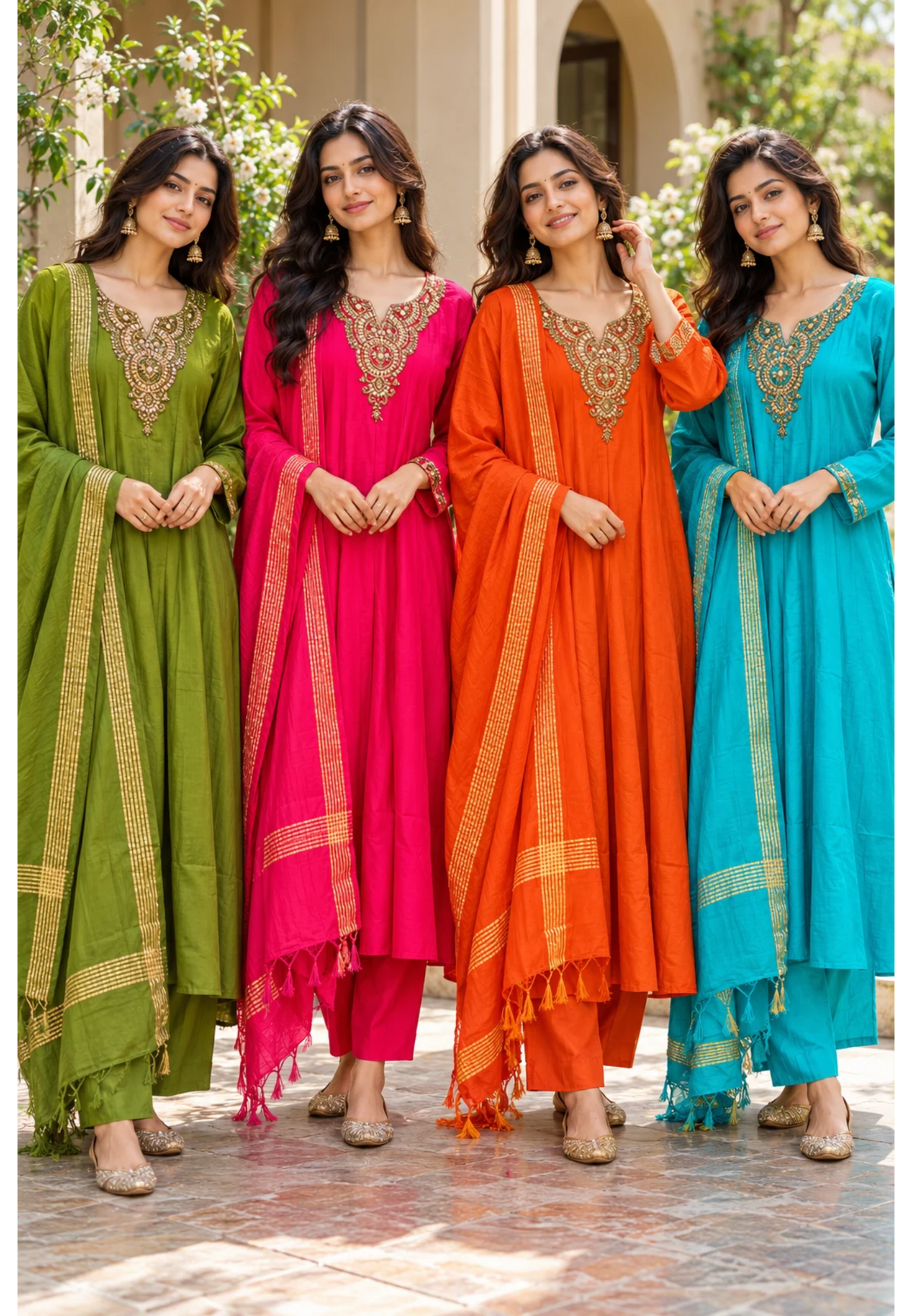 Elegant Noor Golden Embroidery Neckline Surat Mul-Chanderi Panel Anarkali Full Suit Set with Dupatta- 16920,16921