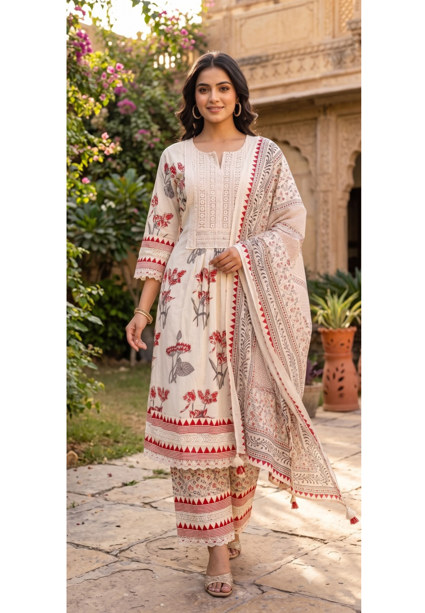 Floral Printed Cotton Set Elegant A-Line Froral Lace Yoke Naira Cut Styal Full Suit Set-15407