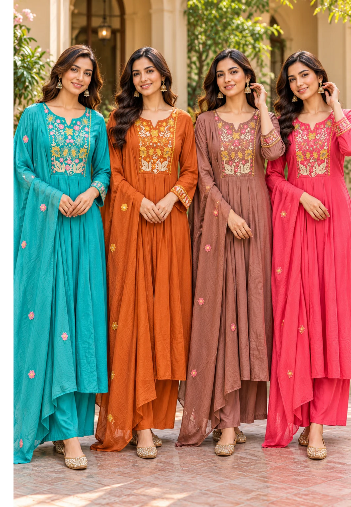 Graceful Floral Threadwork Over Yoke & Sleeve Surat Mul-Chanderi A-Line Full Suit Set with Dupatta- 16897