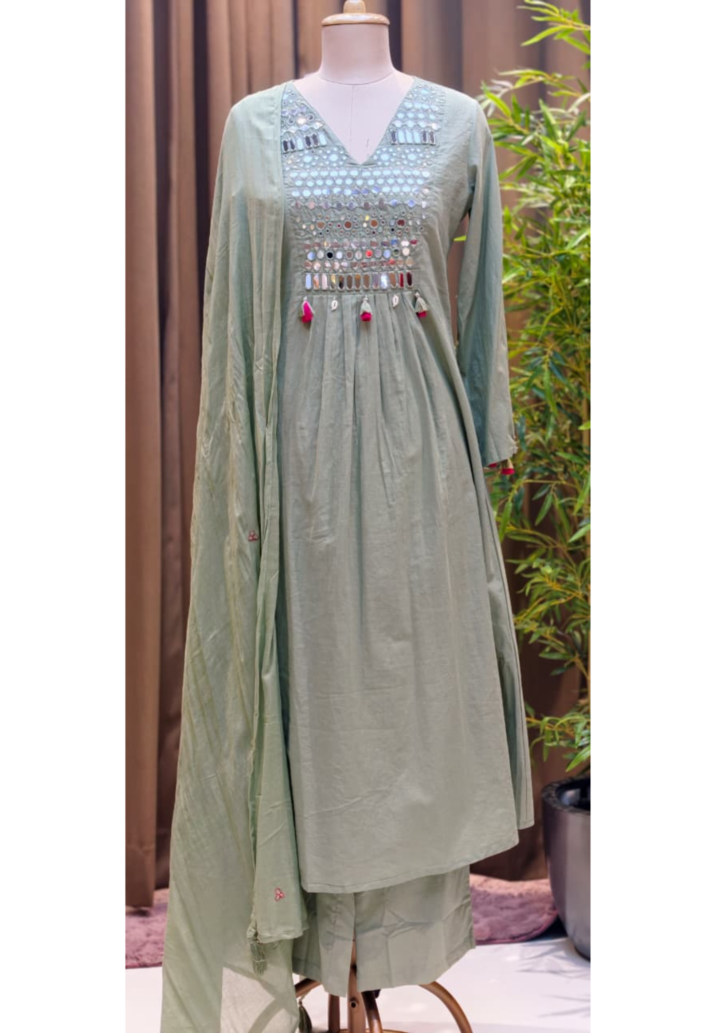 Kodi Real Mirror Work Handwork Boho Style A-Line Cotton Full Suit Set With Dupatta- RB567