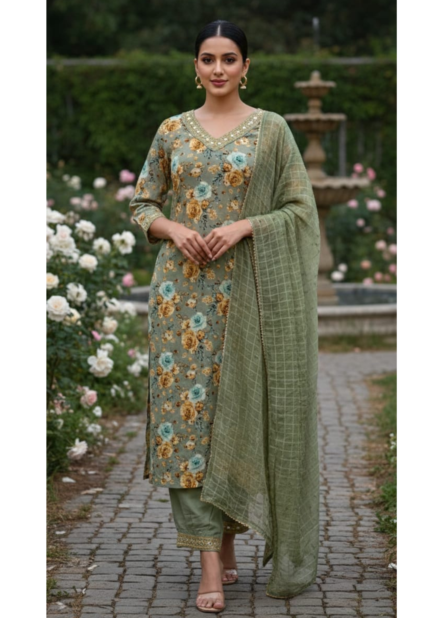 Ash Elegance Rosy Digital Print 3-Piece Full Suit Set With Dupatta In Cotton Fabric