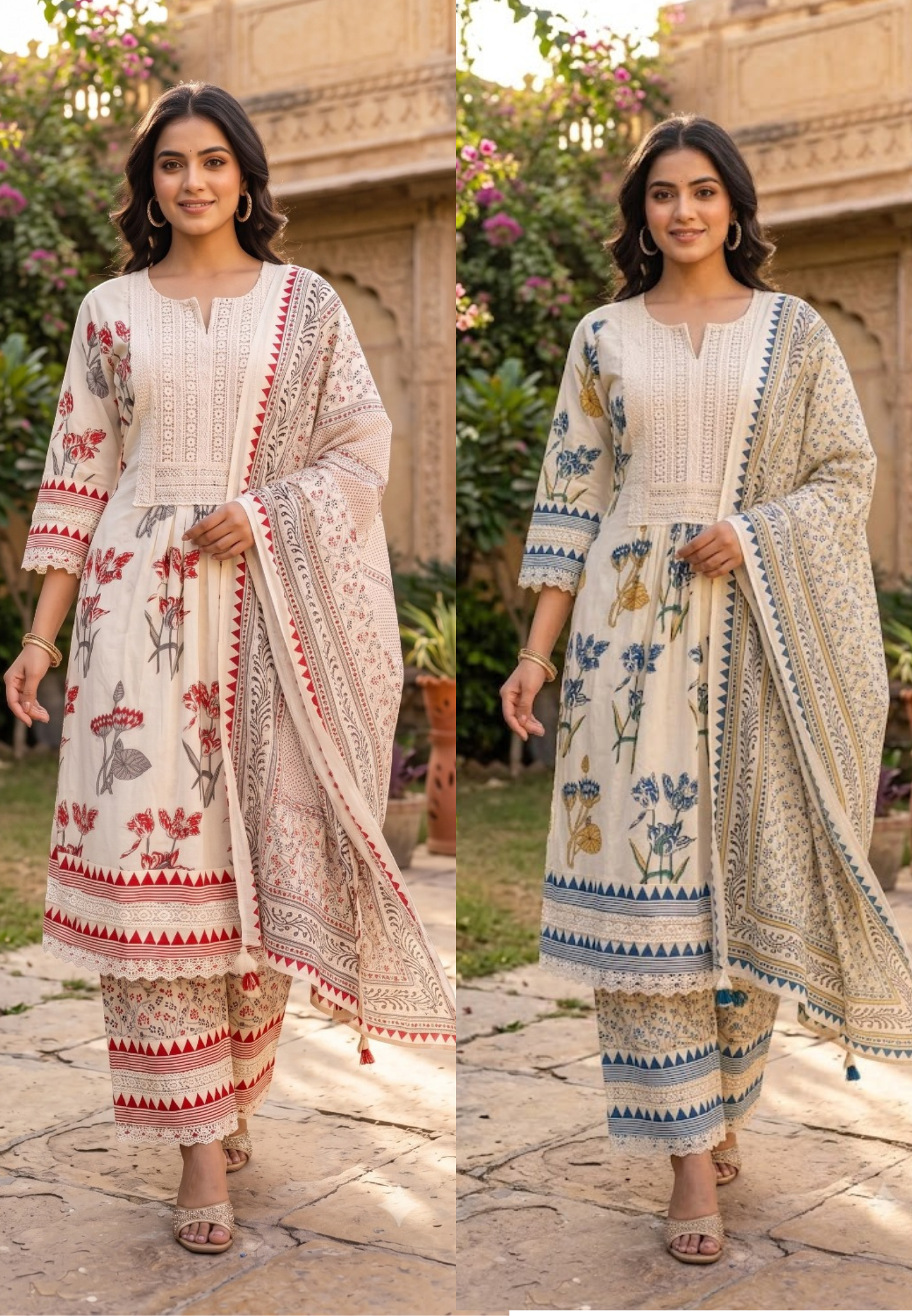 Floral Printed Cotton Set Elegant A-Line Froral Lace Yoke Naira Cut Styal Full Suit Set-15407