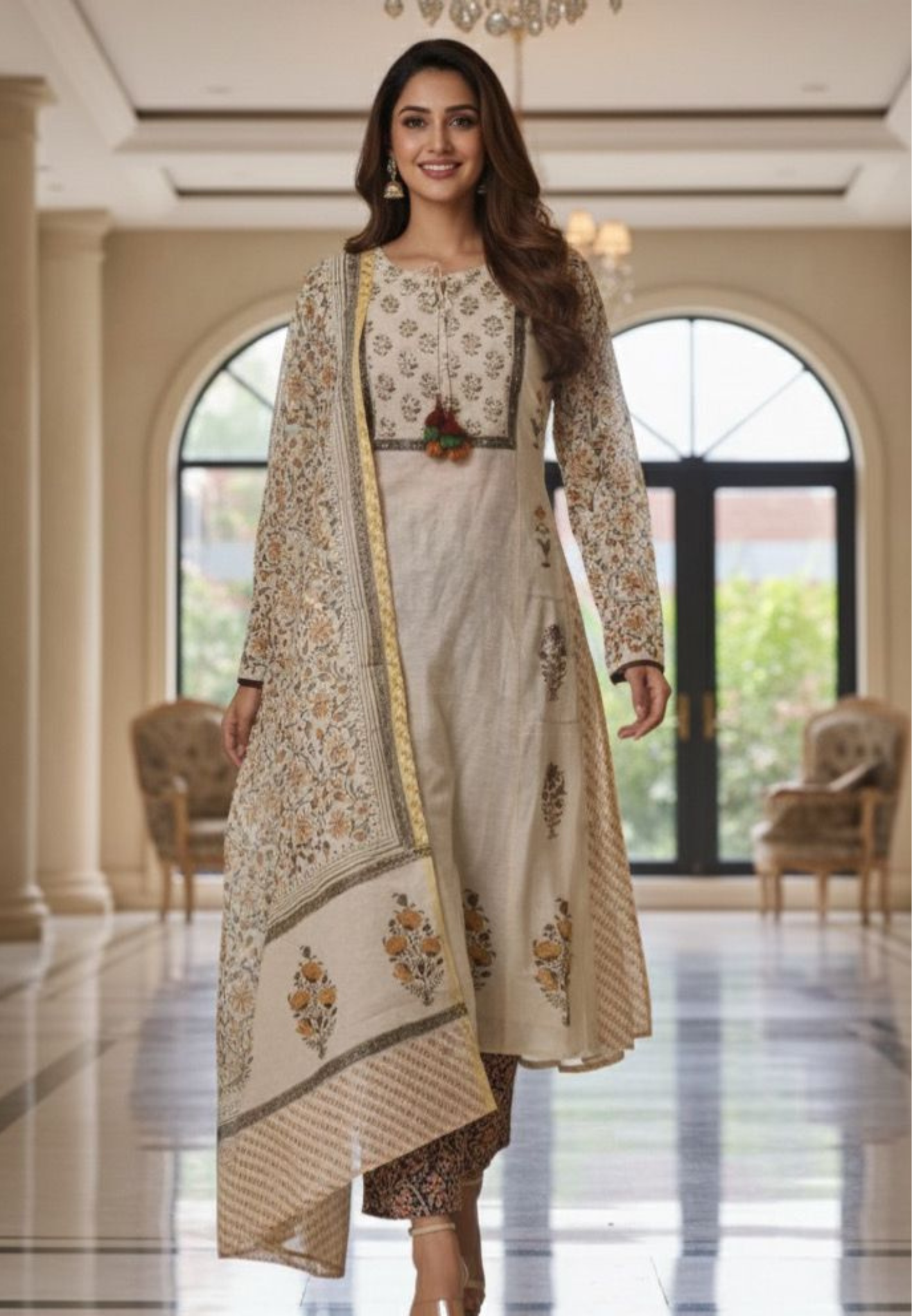 Premium Chanderi Cotton Anarkali with All-Over Traditional Print and kalamkari bottom and dupatta-12281