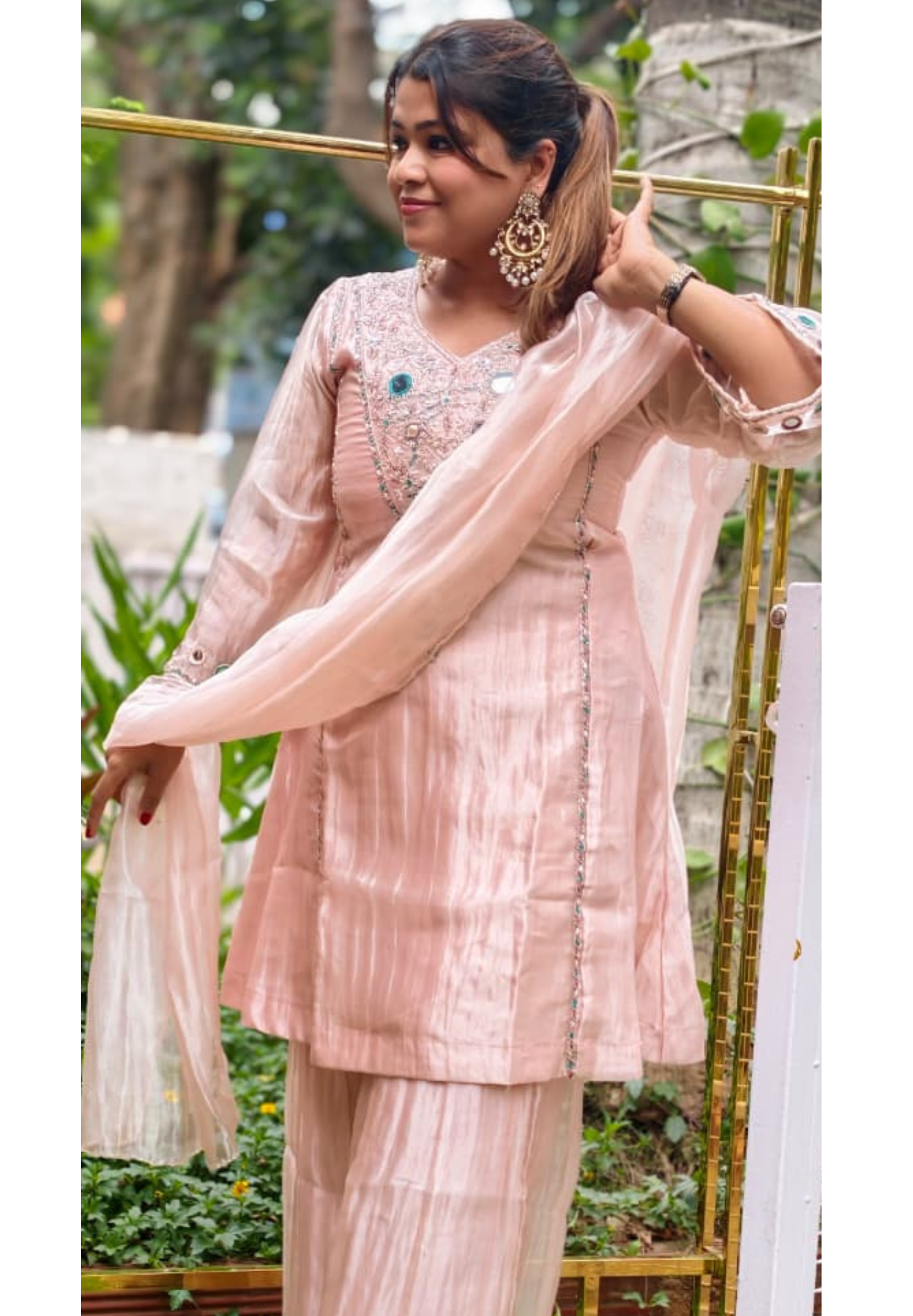 Blush Pink Elegant Sheer Highlighted Yoke Crush Tissue Full Suit Set With Dupatta (LEAN FIT)- 15519
