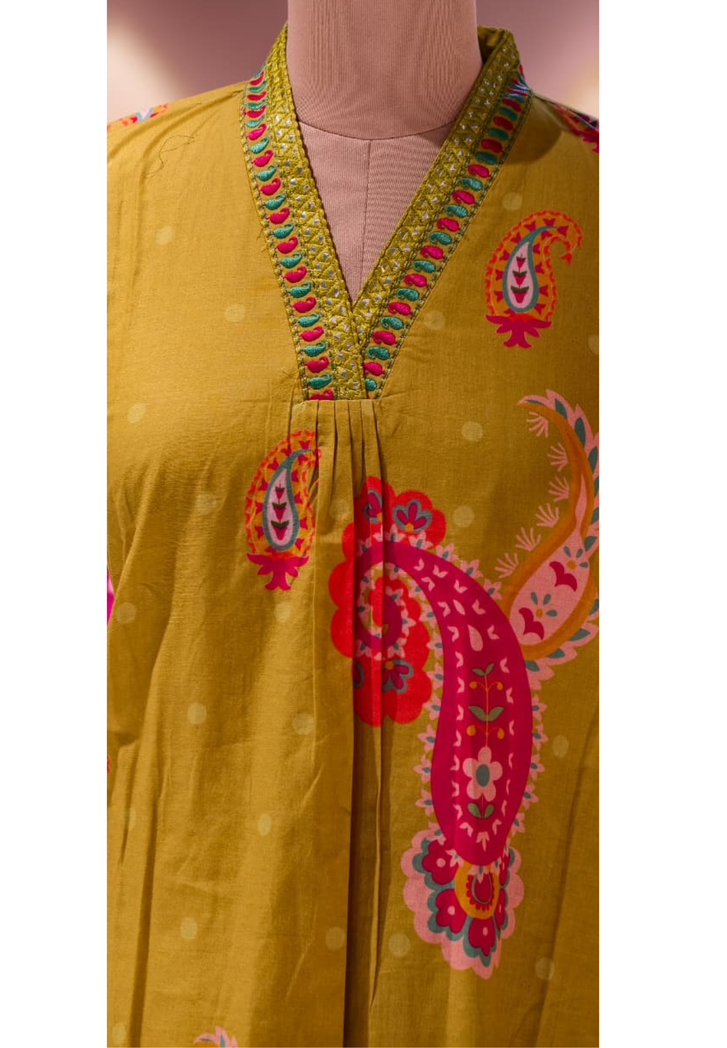 Printed Paisley Minimal Neck Embroidery A-Line Kurta Pant Set In Cotton Fabric- 13562