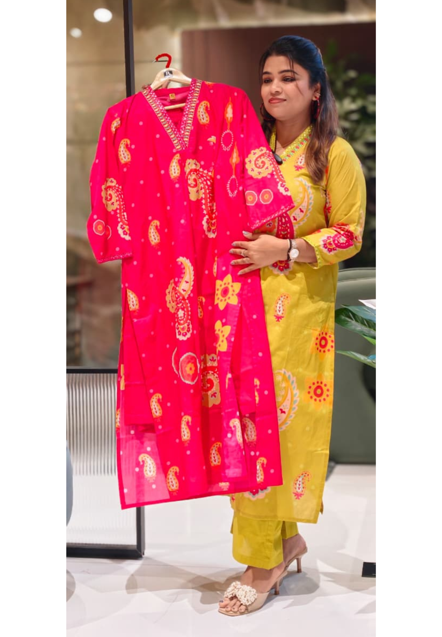 Printed Paisley Minimal Neck Embroidery A-Line Kurta Pant Set In Cotton Fabric- 13562