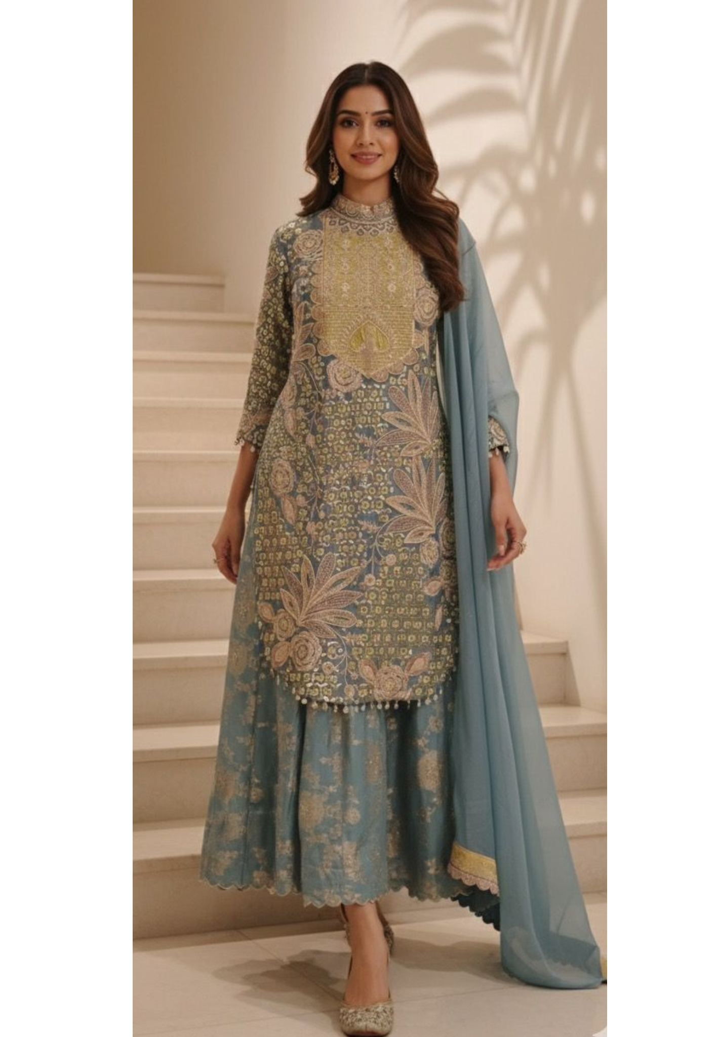 Pastel Combination Heavy Embroidered Work Tasseled Short Kurta With Brocade Panel Palazzo Bottom & Dupatta- 11744